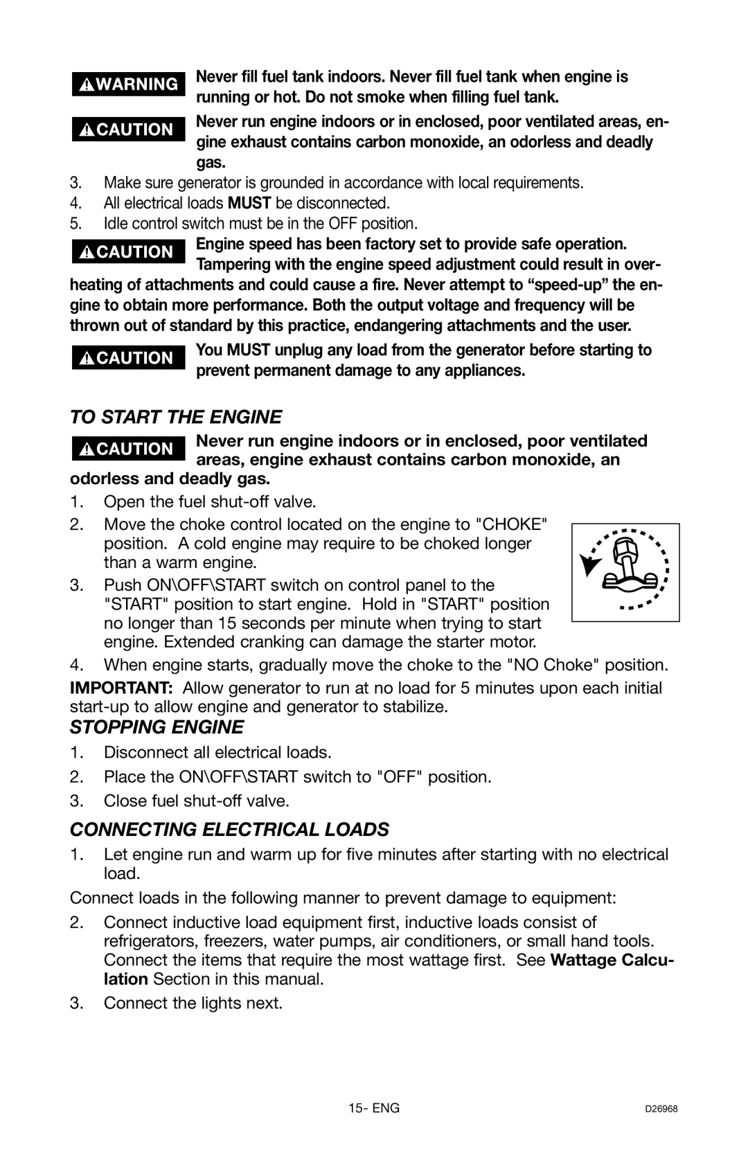 DeVillbiss Air Power Company D26968 warranty To Start the Engine, Stopping Engine, Connecting Electrical Loads 