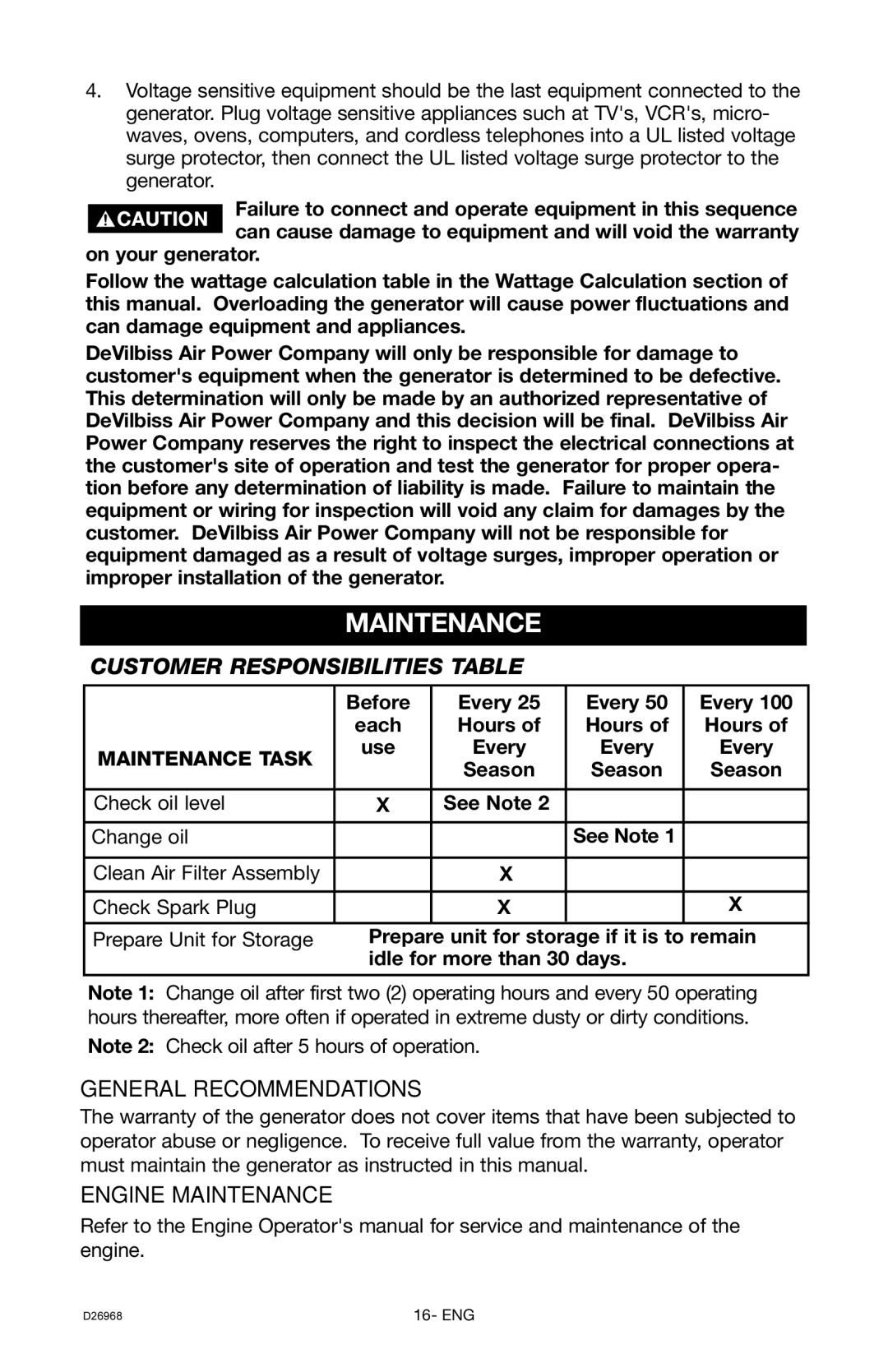 DeVillbiss Air Power Company D26968 warranty Maintenance, Customer Responsibilities Table, General Recommendations, Season 