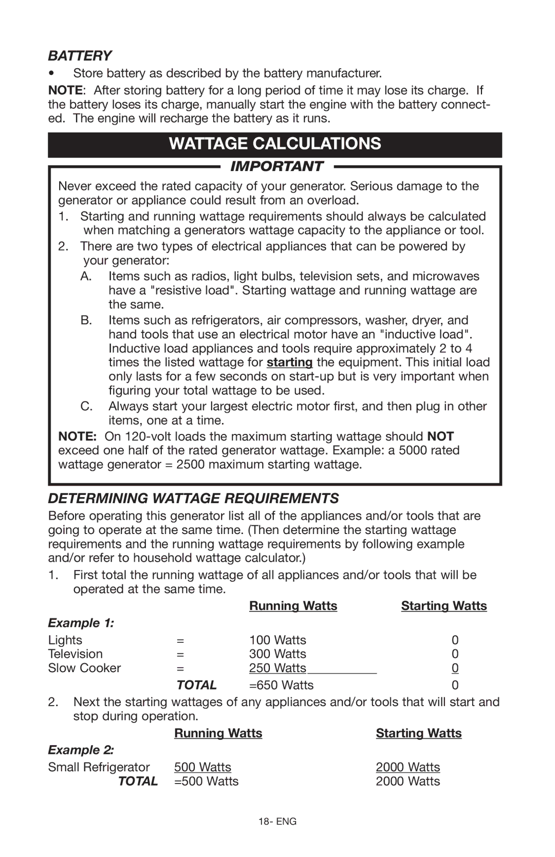 DeVillbiss Air Power Company D26968 Wattage Calculations, Battery, Determining Wattage Requirements, Total, Starting Watts 