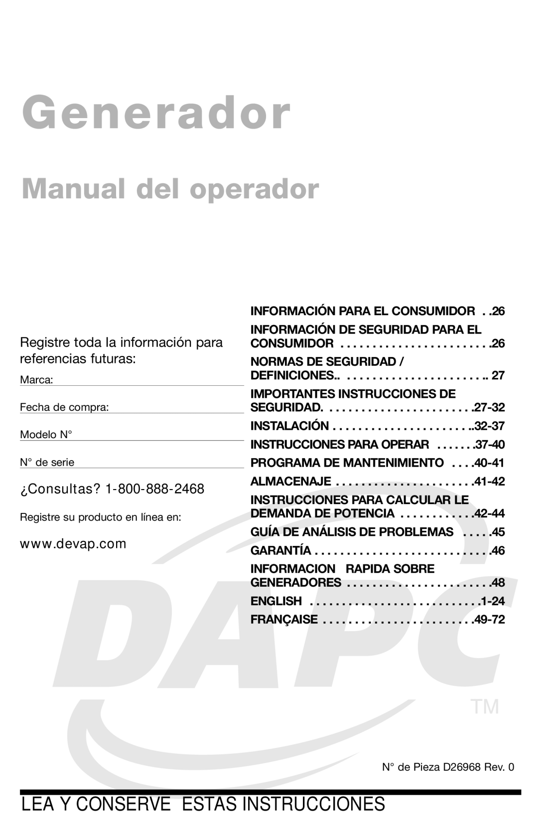 DeVillbiss Air Power Company D26968 warranty Generador 