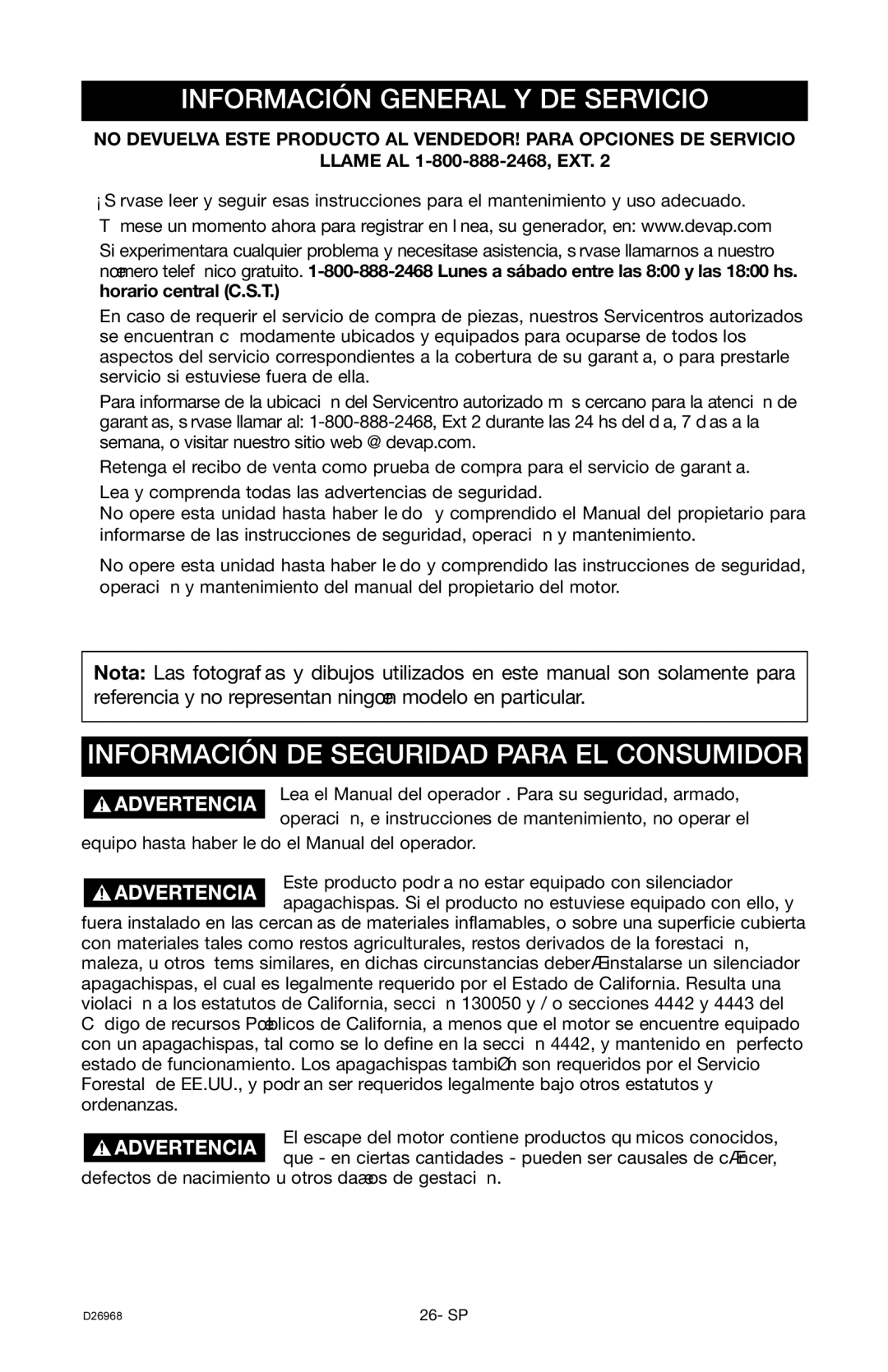 DeVillbiss Air Power Company D26968 warranty Información General Y DE Servicio 