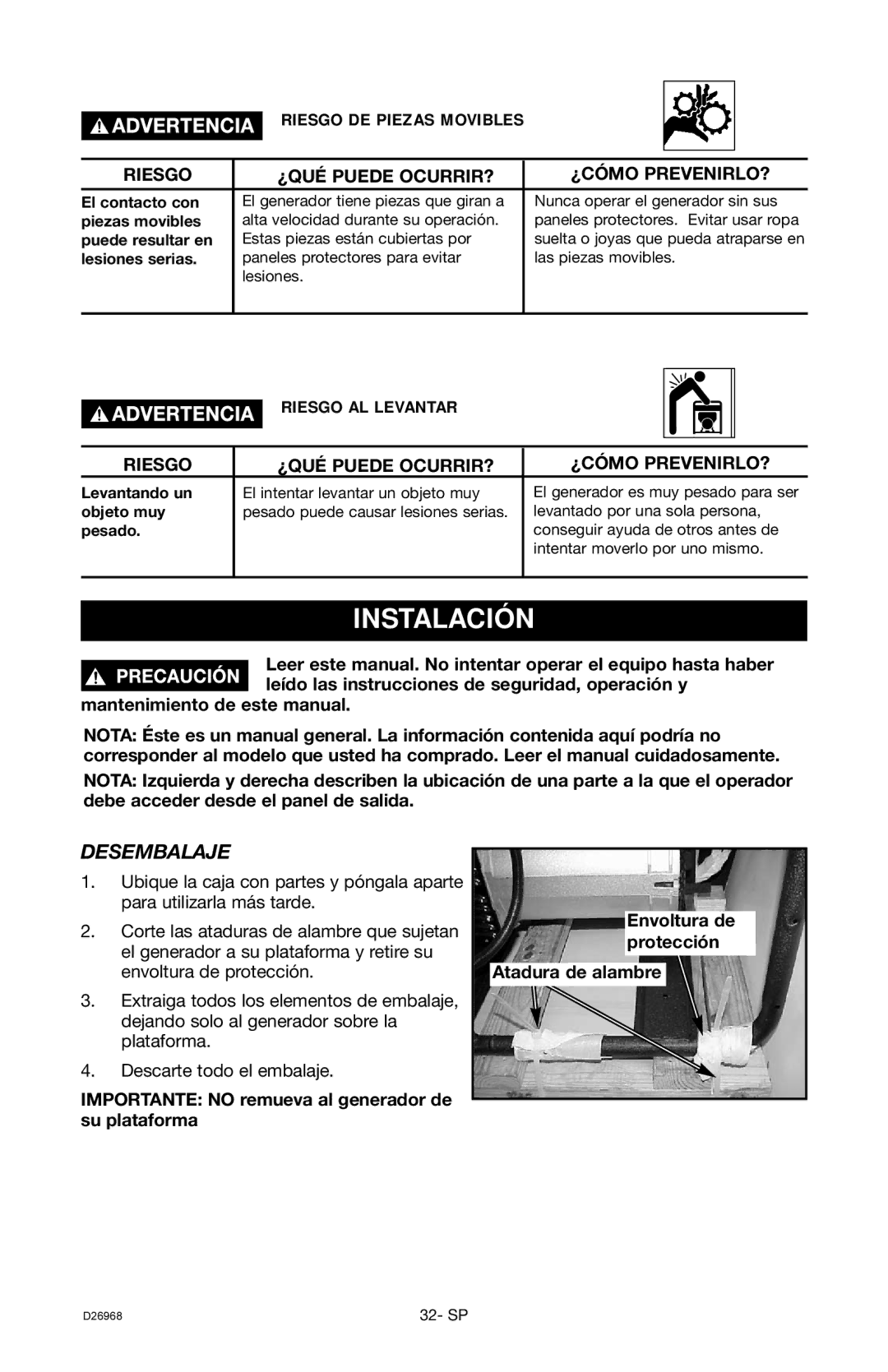 DeVillbiss Air Power Company D26968 warranty Instalación, Desembalaje 