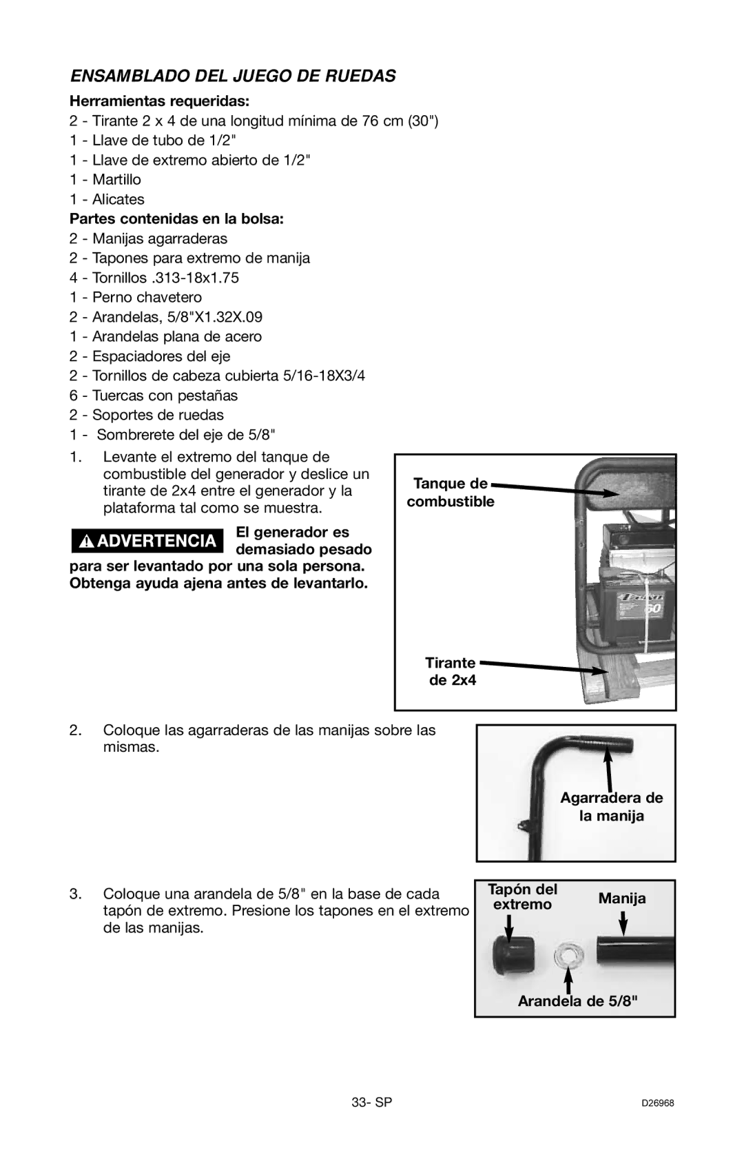 DeVillbiss Air Power Company D26968 warranty Ensamblado DEL Juego DE Ruedas 