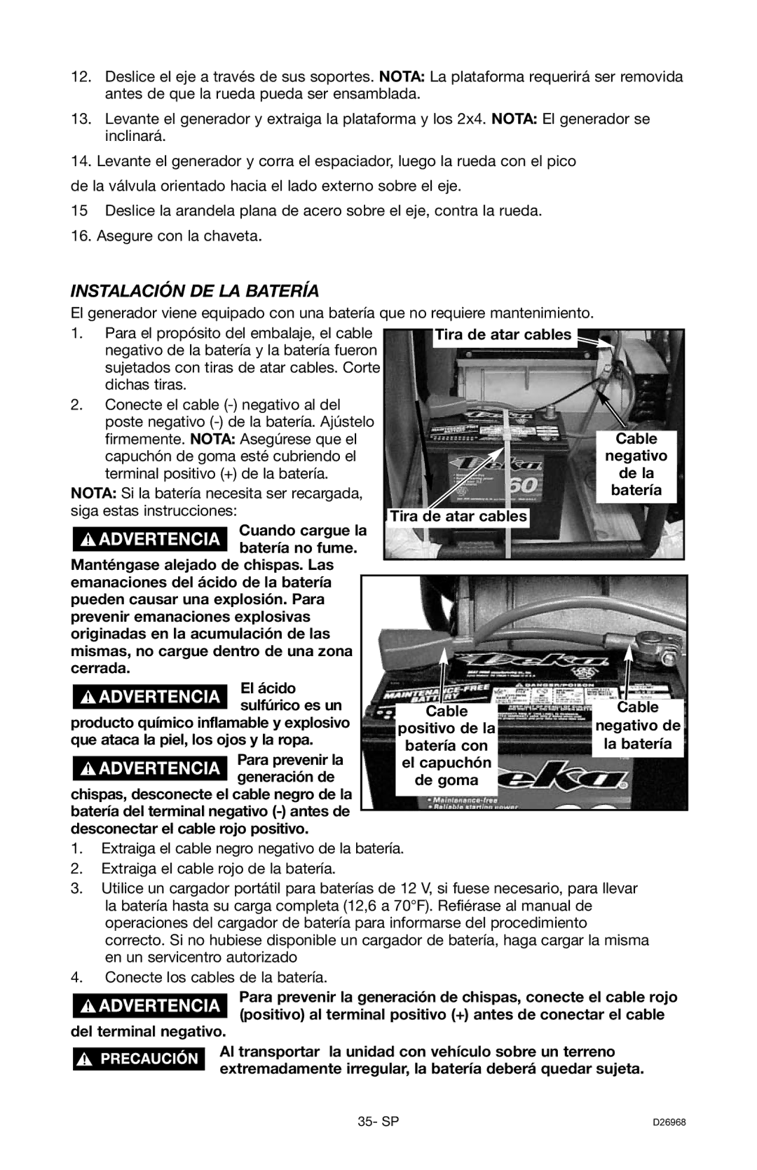 DeVillbiss Air Power Company D26968 warranty Instalación DE LA Batería 