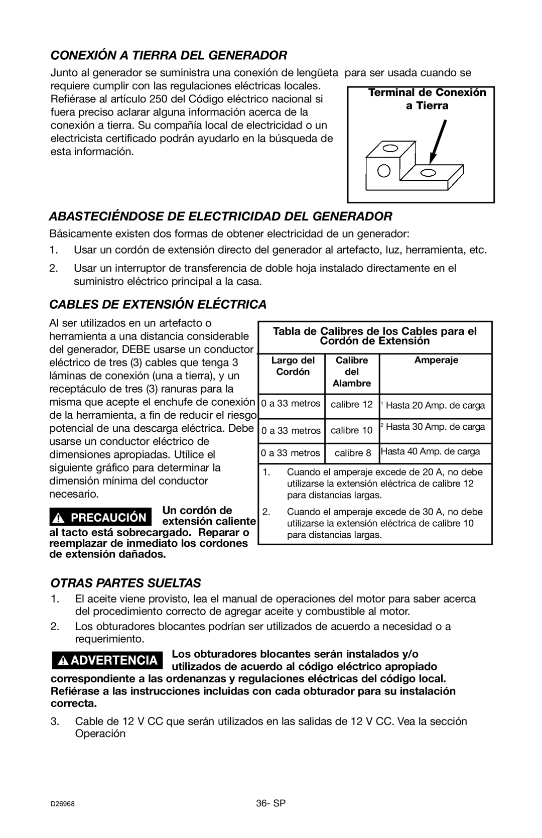 DeVillbiss Air Power Company D26968 warranty Conexión a Tierra DEL Generador, Abasteciéndose DE Electricidad DEL Generador 