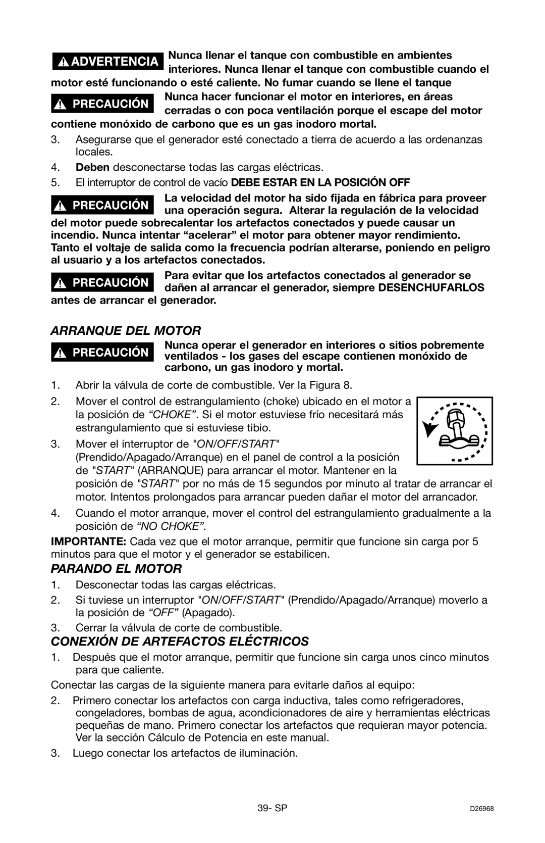 DeVillbiss Air Power Company D26968 warranty Arranque DEL Motor, Parando EL Motor, Conexión DE Artefactos Eléctricos 