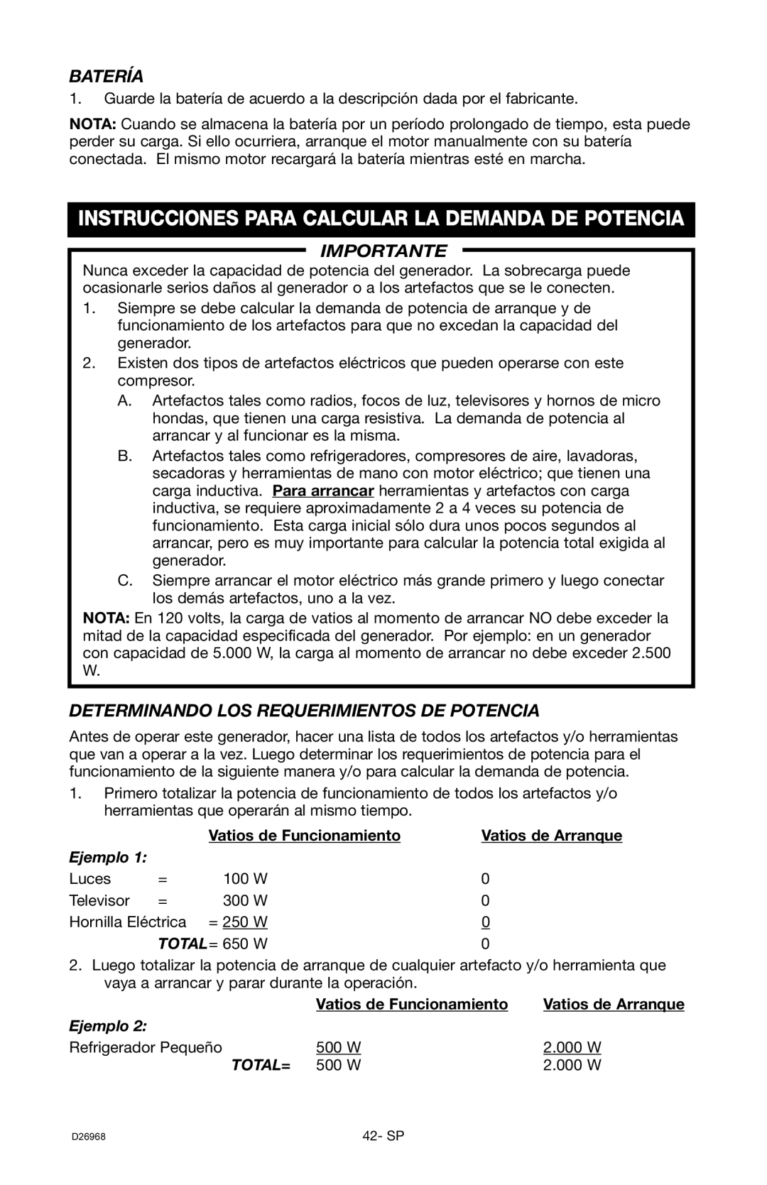 DeVillbiss Air Power Company D26968 warranty Batería, Importante, Determinando LOS Requerimientos DE Potencia 