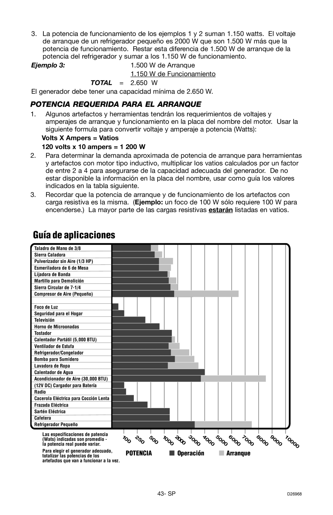 DeVillbiss Air Power Company D26968 warranty Potencia Requerida Para EL Arranque, 3000 