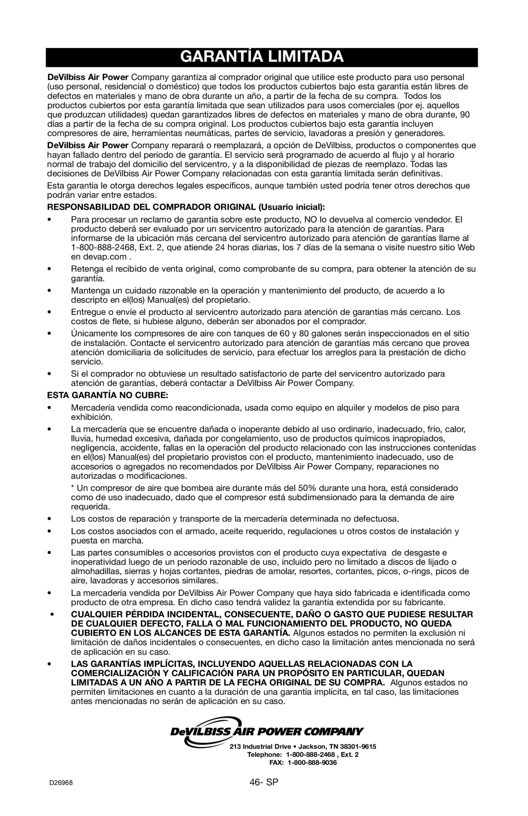 DeVillbiss Air Power Company D26968 warranty Garantía Limitada, Responsabilidad DEL Comprador Original Usuario inicial 