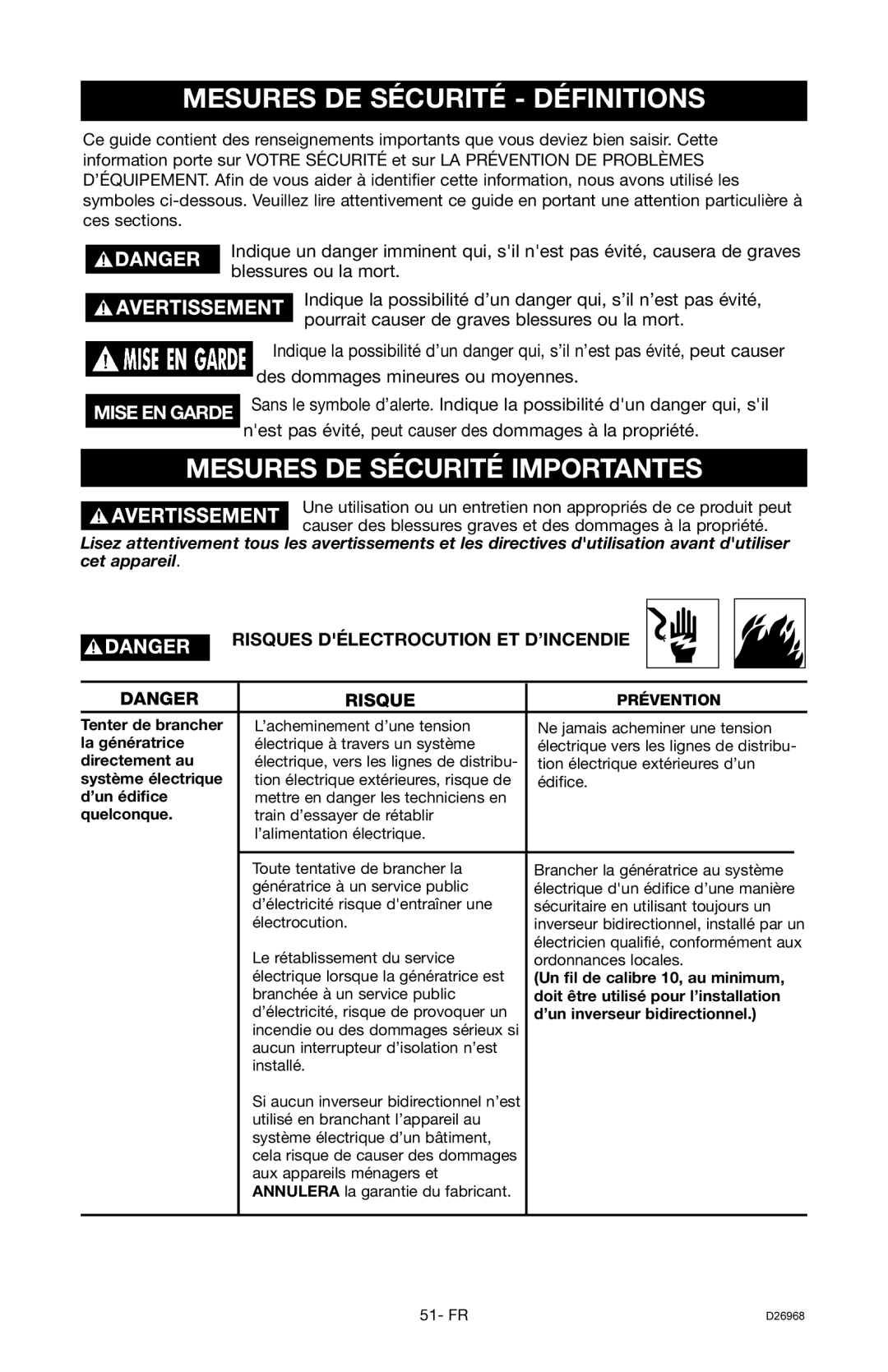 DeVillbiss Air Power Company D26968 warranty Mesures DE Sécurité Définitions, Mesures DE Sécurité Importantes 