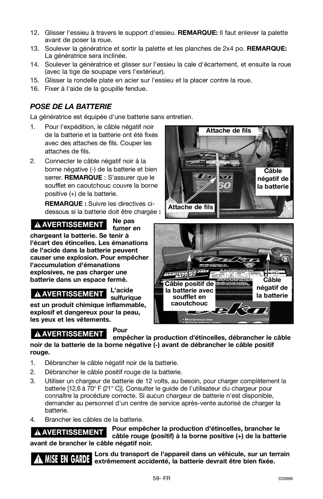 DeVillbiss Air Power Company D26968 warranty Pose DE LA Batterie 