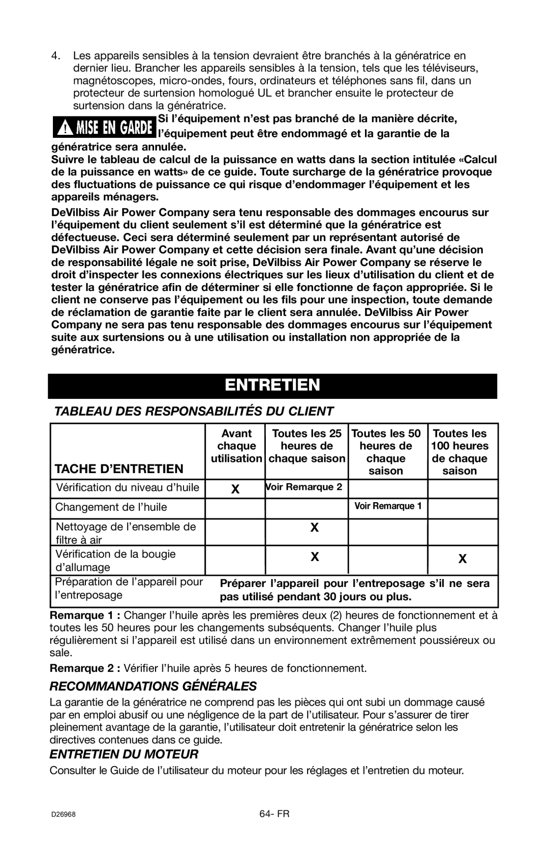 DeVillbiss Air Power Company D26968 warranty Entretien, Tableau DES Responsabilités DU Client, Recommandations Générales 