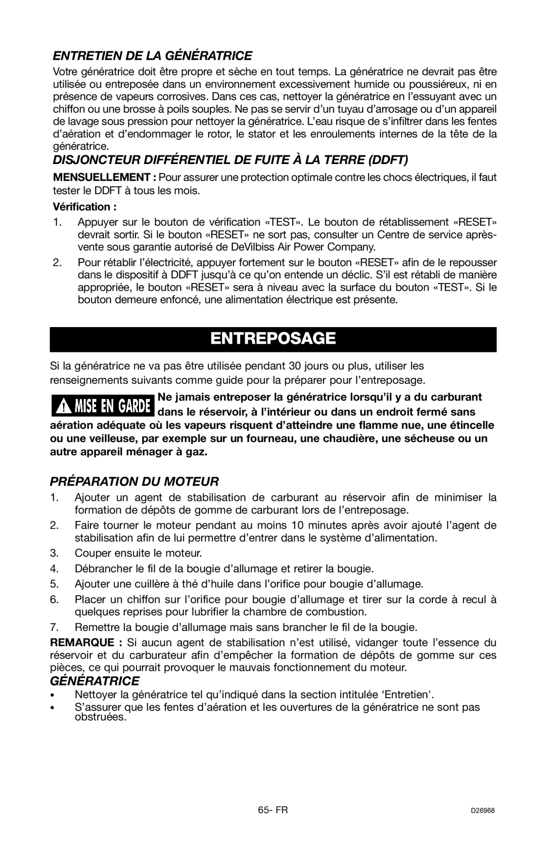 DeVillbiss Air Power Company D26968 warranty Entreposage, Entretien DE LA Génératrice, Préparation DU Moteur 