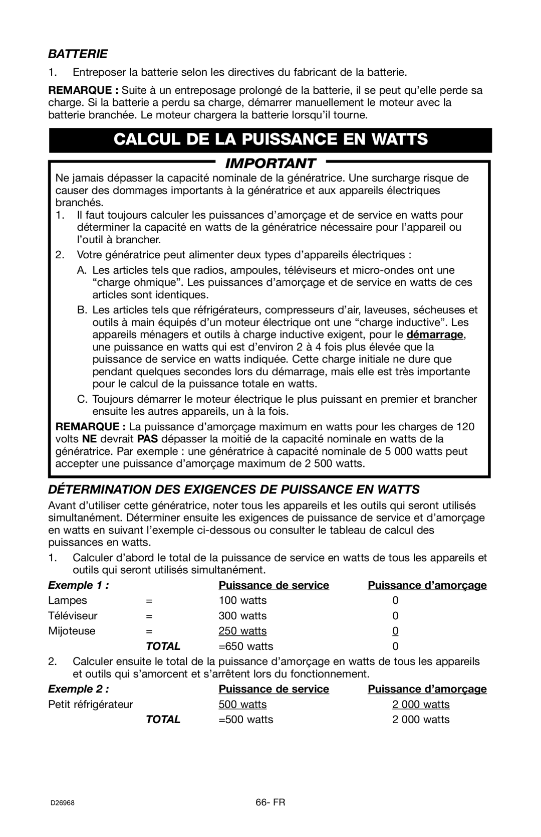 DeVillbiss Air Power Company D26968 warranty Calcul DE LA Puissance EN Watts, Batterie, Puissance de service 