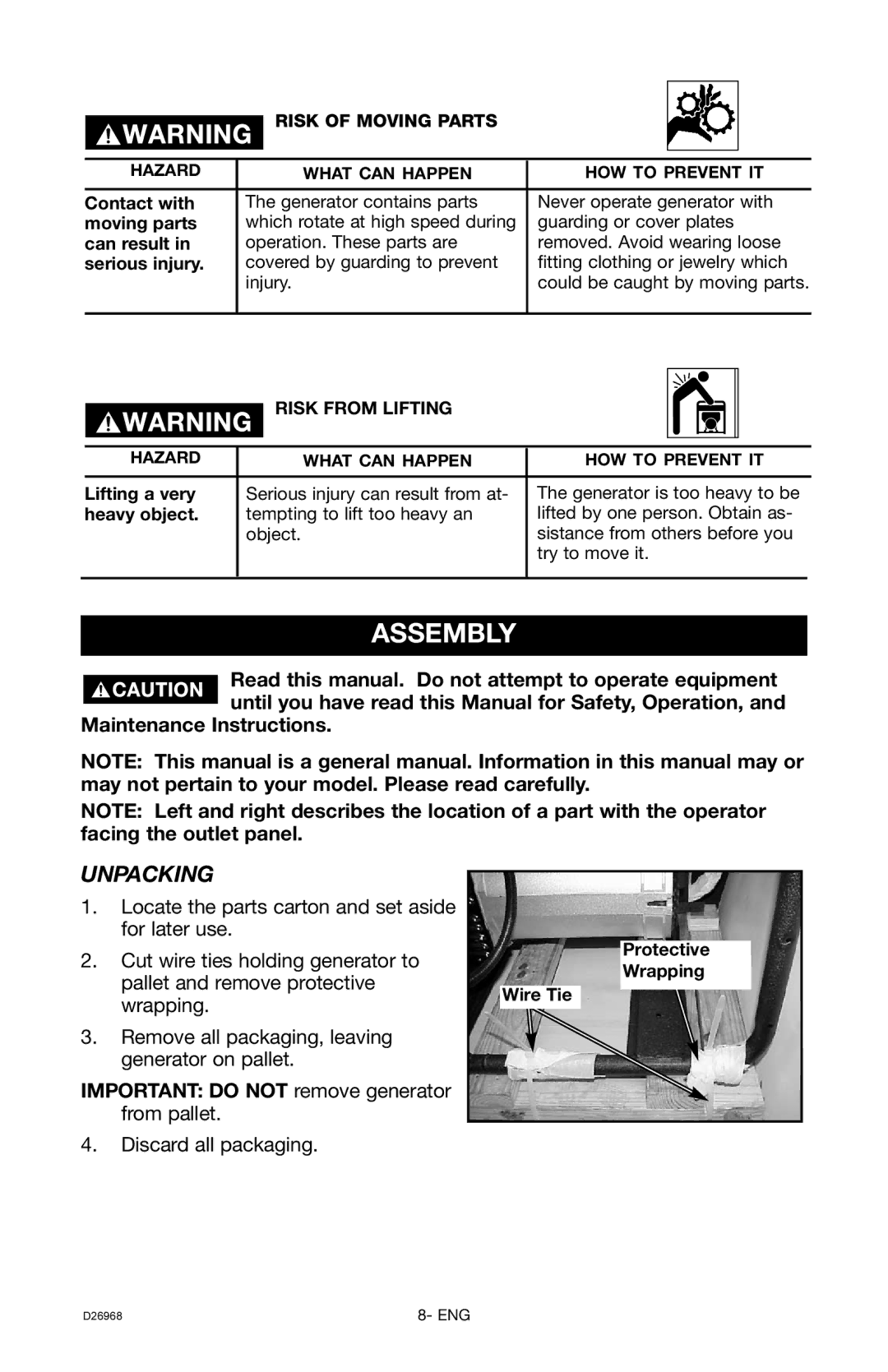 DeVillbiss Air Power Company D26968 warranty Assembly, Unpacking, Risk of Moving Parts, Risk from Lifting 