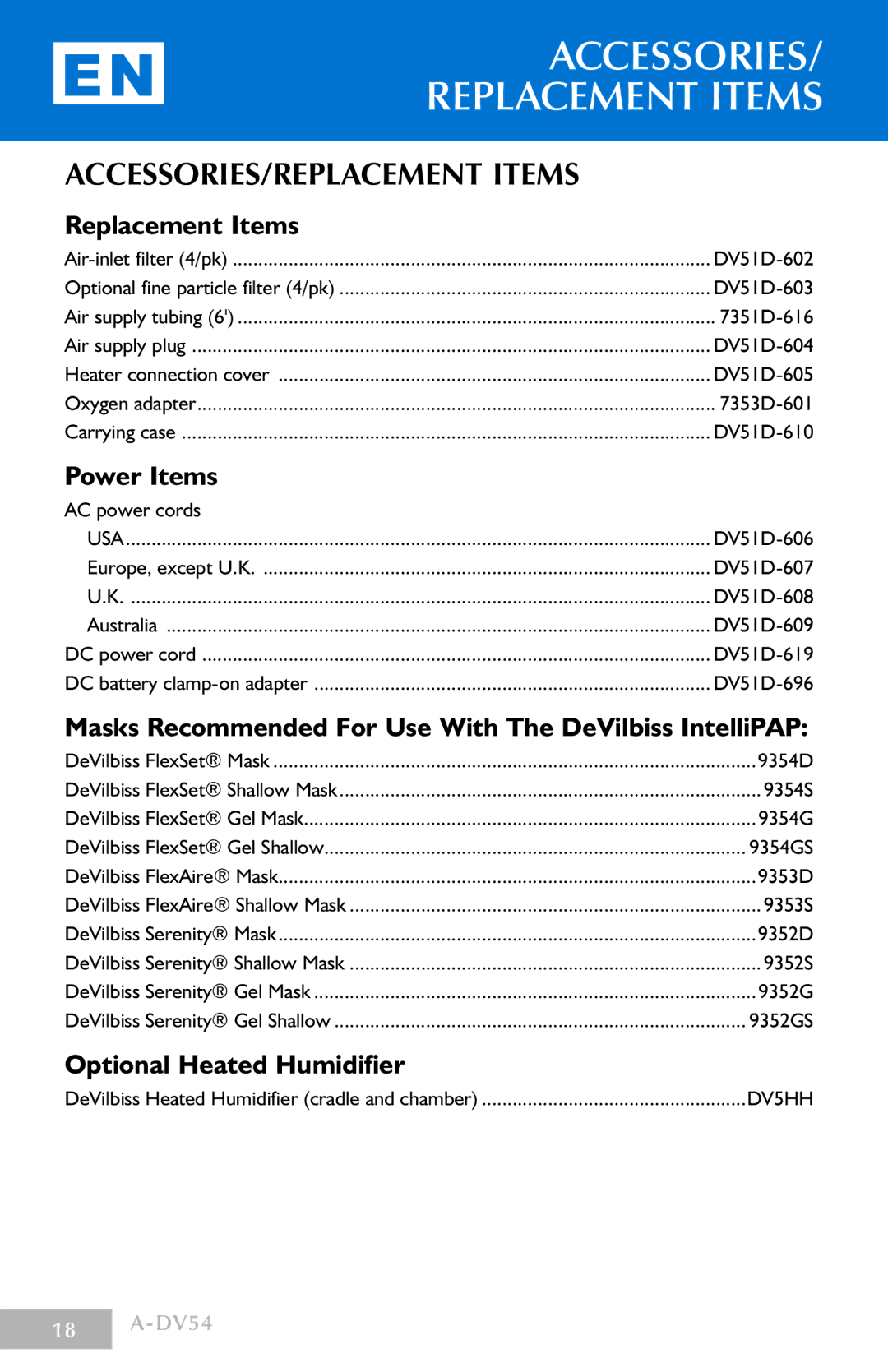 DeVillbiss Air Power Company DV54 manual Accessories/ replacement items, ACCESSORIES/REPLACEMENT Items 