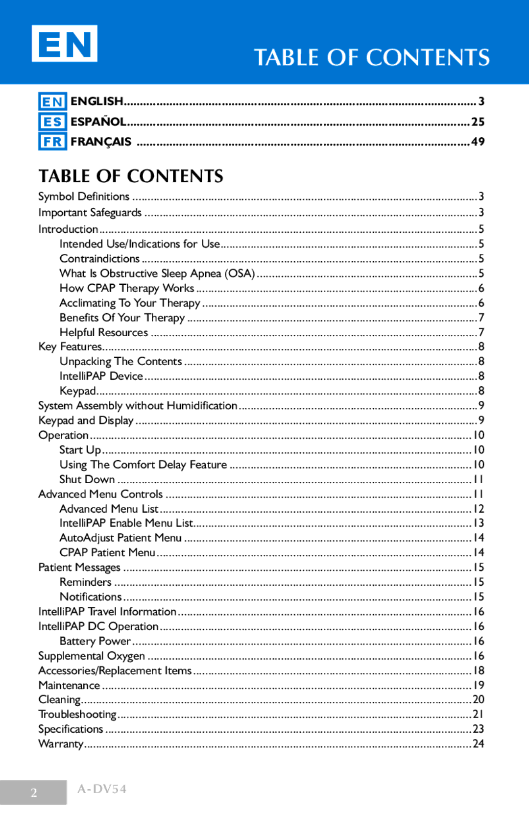 DeVillbiss Air Power Company DV54 manual Table of contents 