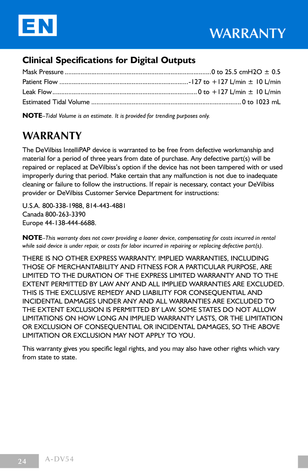 DeVillbiss Air Power Company DV54 manual Warranty, Clinical Specifications for Digital Outputs 