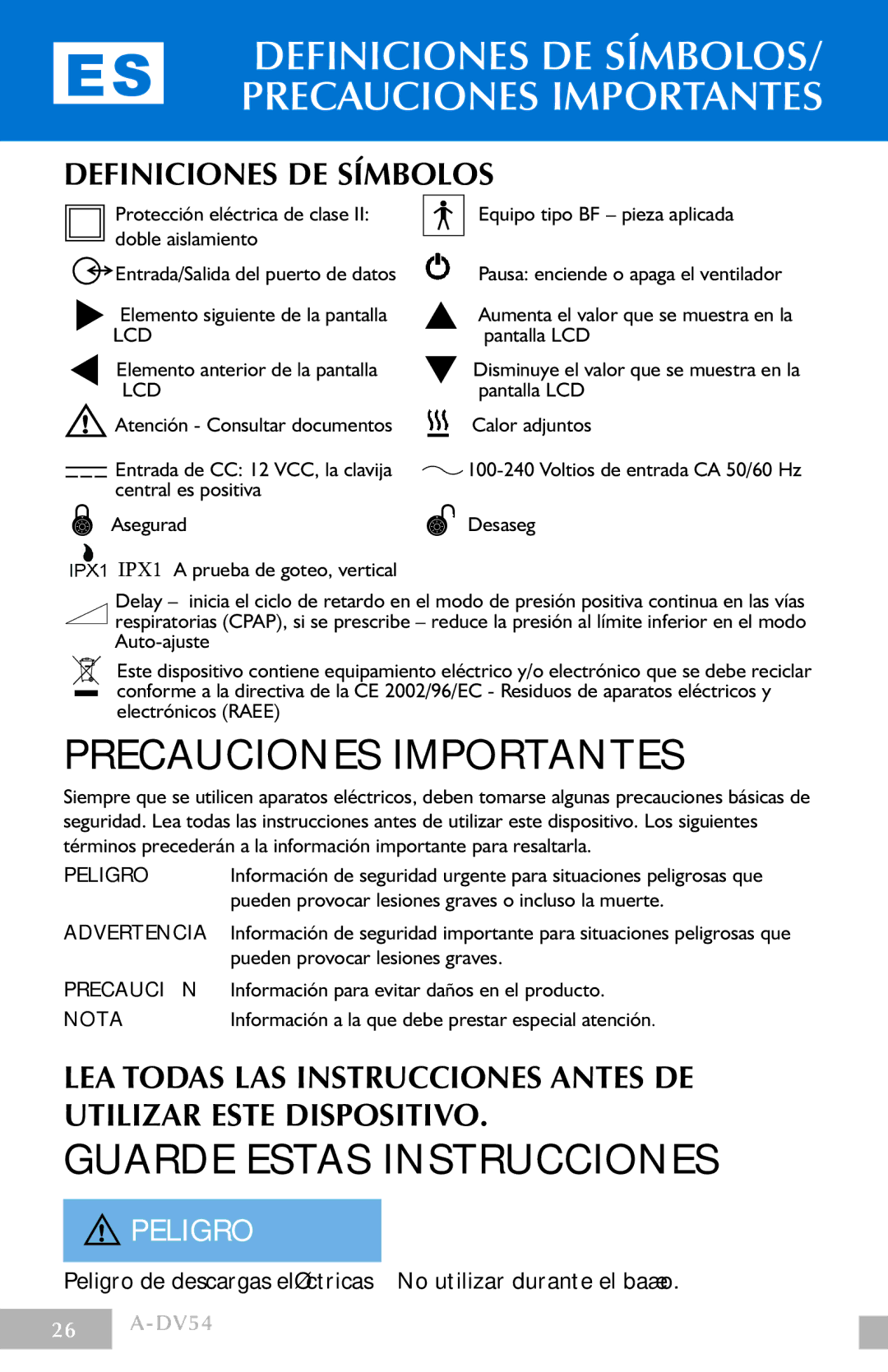 DeVillbiss Air Power Company DV54 manual Definiciones de símbolos/ precauciones importantes 