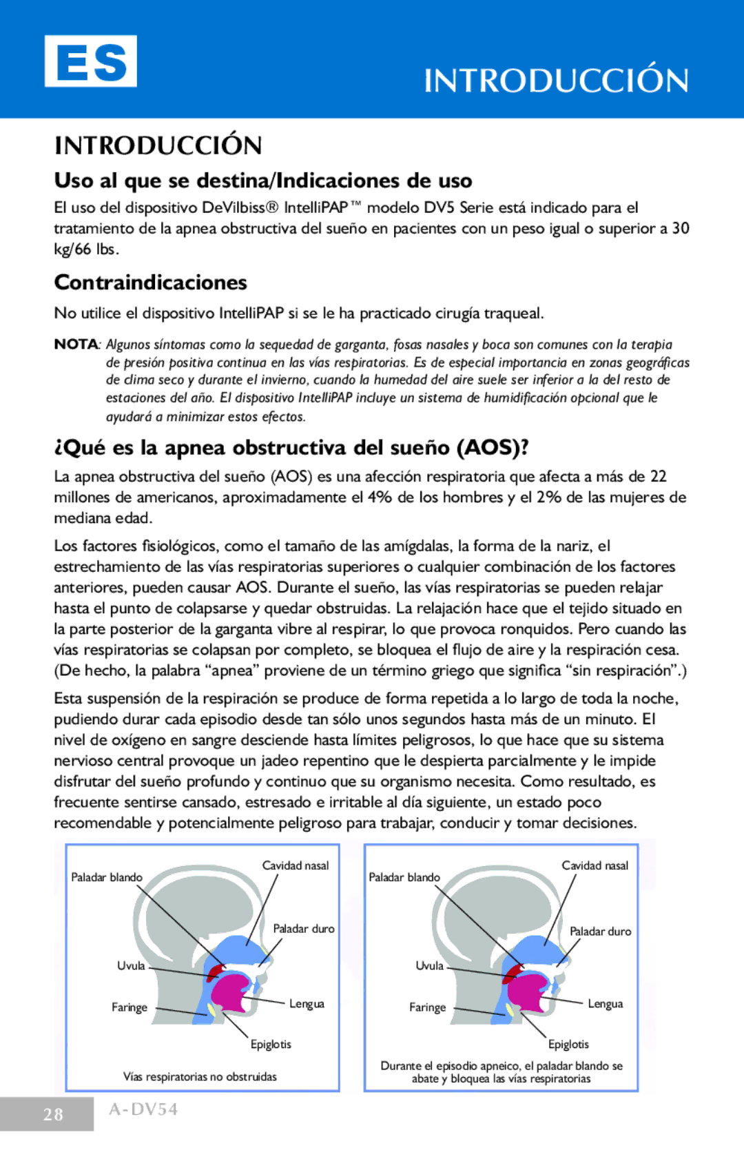 DeVillbiss Air Power Company DV54 manual Introducción, Uso al que se destina/Indicaciones de uso, Contraindicaciones 