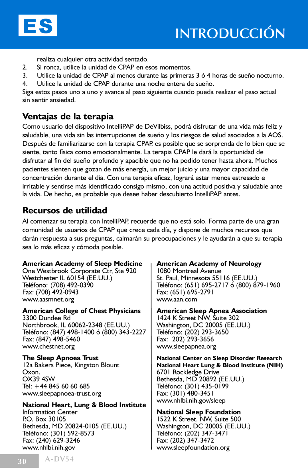 DeVillbiss Air Power Company DV54 manual Ventajas de la terapia, Recursos de utilidad, Sleep Apnoea Trust 