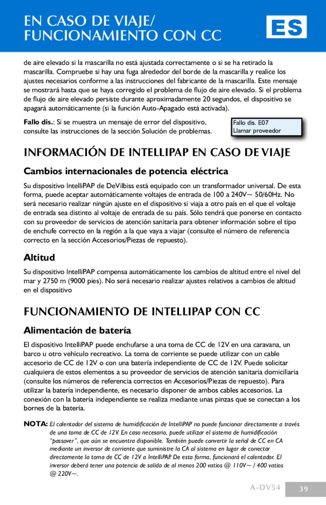 DeVillbiss Air Power Company DV54 En caso de viaje/ funcionamiento con cc, Información DE IntelliPAP EN Caso DE Viaje 