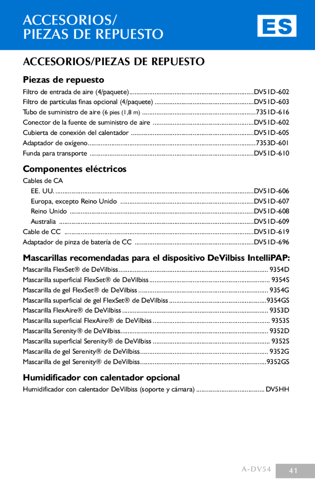 DeVillbiss Air Power Company DV54 manual ACCESORIOS/PIEZAS DE Repuesto, Piezas de repuesto, Componentes eléctricos, Ee. Uu 