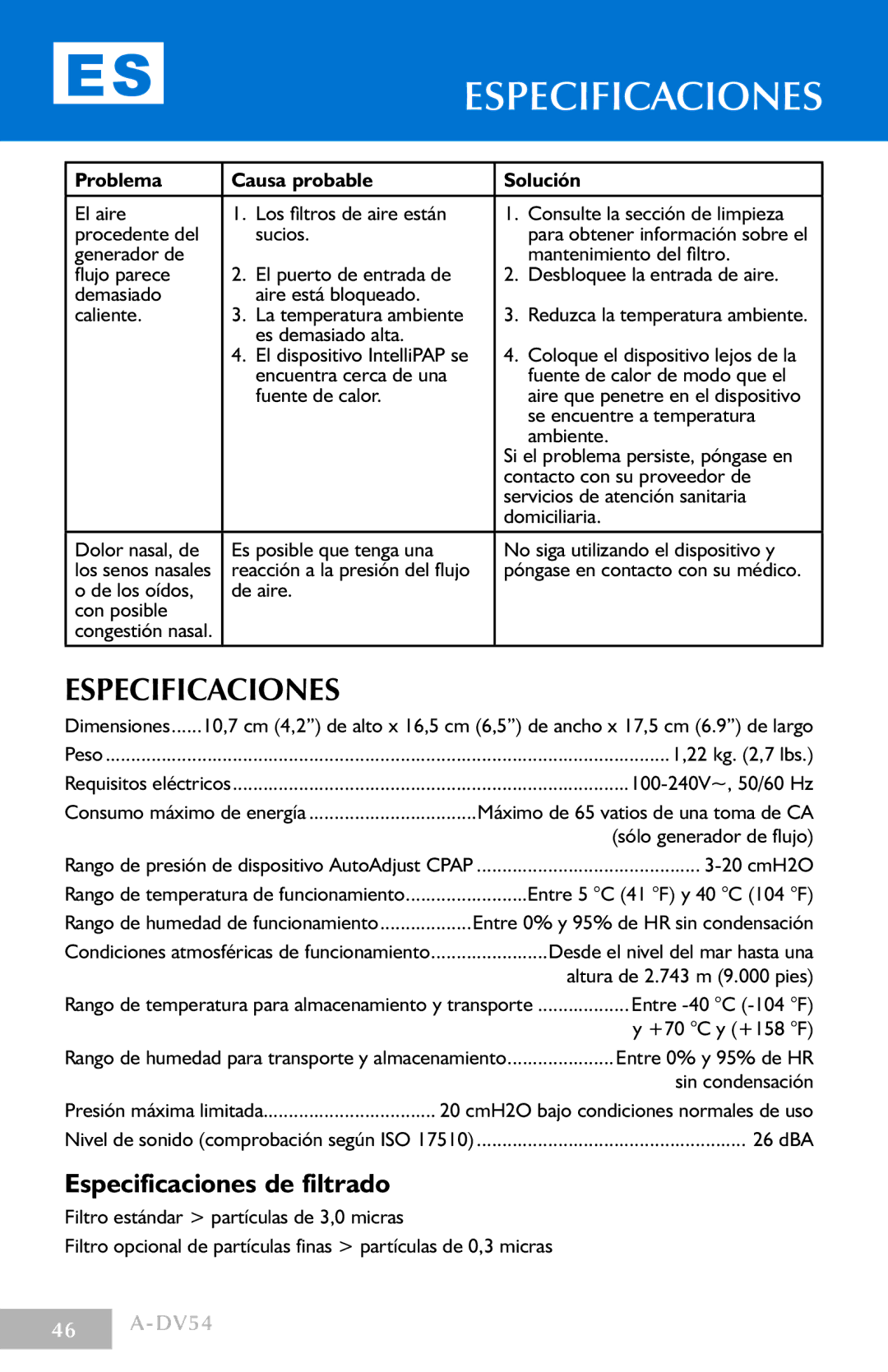 DeVillbiss Air Power Company DV54 manual Especificaciones de filtrado 