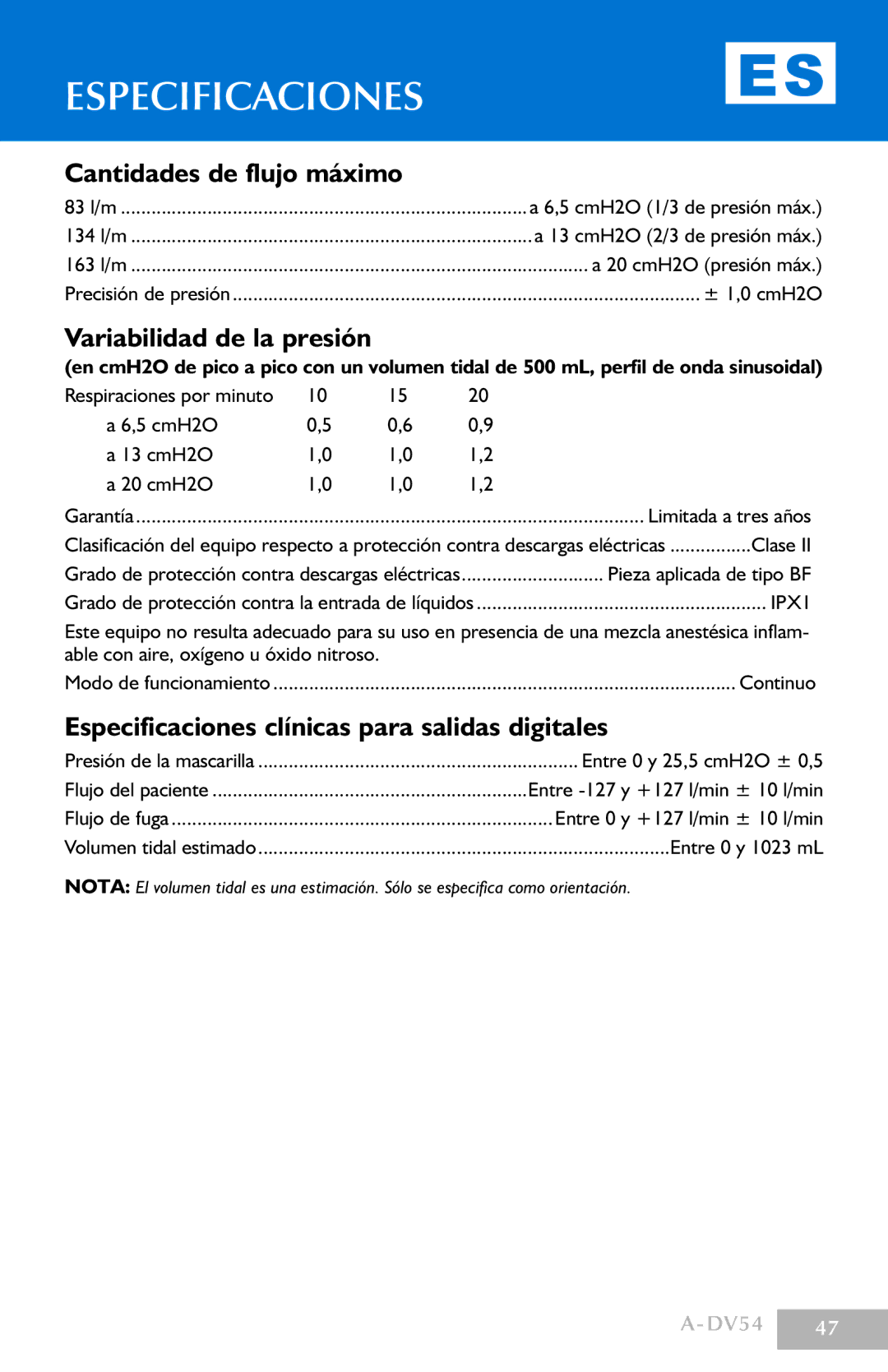 DeVillbiss Air Power Company DV54 manual Cantidades de flujo máximo, Variabilidad de la presión 