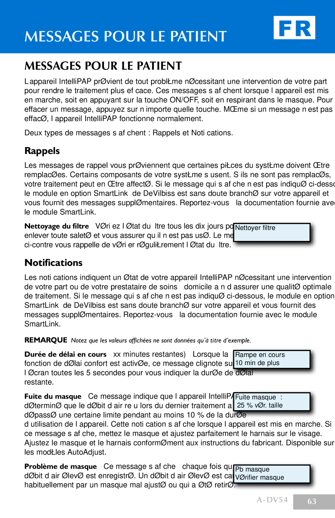 DeVillbiss Air Power Company DV54 manual Messages Pour LE Patient, Rappels 