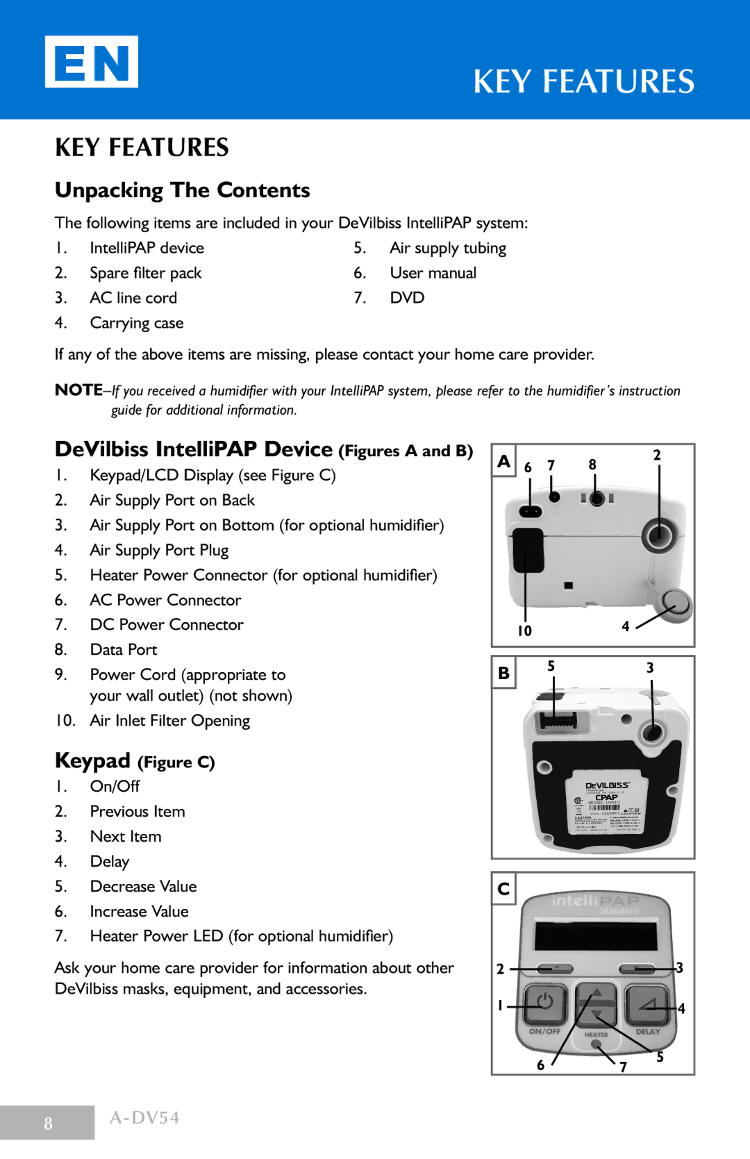 DeVillbiss Air Power Company DV54 manual Key Features, KEY Features, Unpacking The Contents 