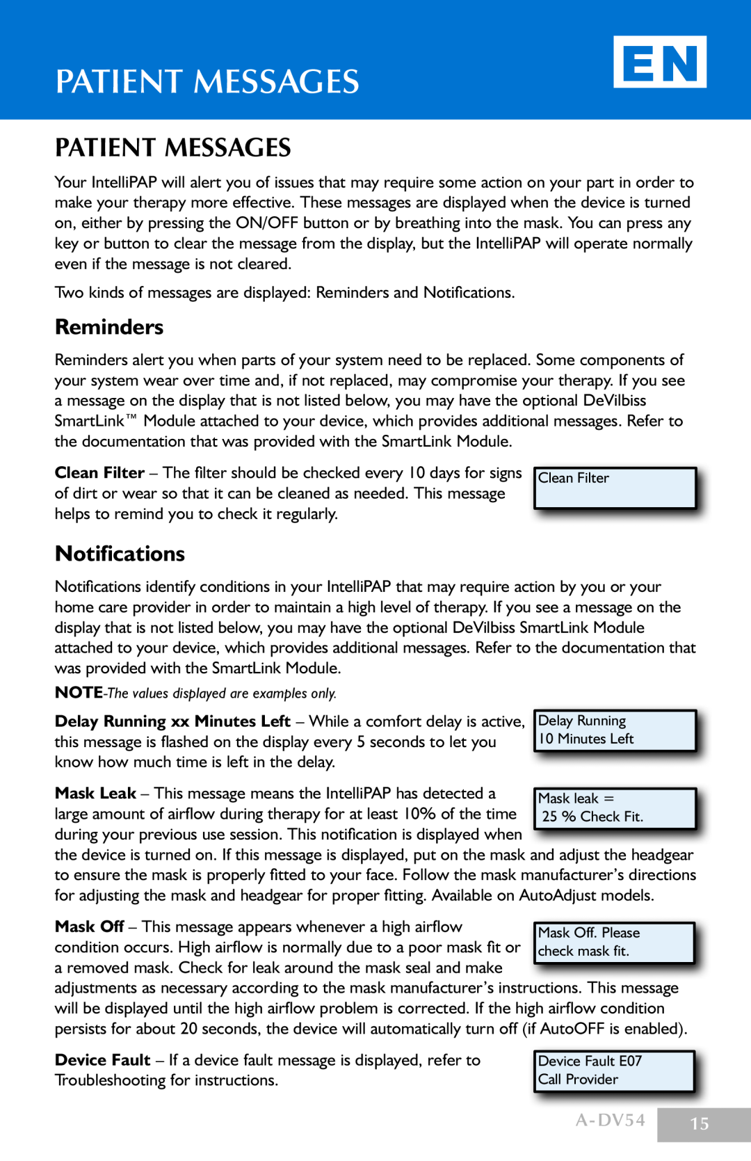 DeVillbiss Air Power Company manual patient messages, Patient MESSAGES, Reminders, Notifications, A-DV54 