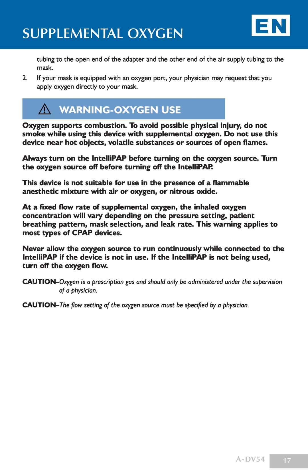 DeVillbiss Air Power Company manual supplemental oxygen, WARNING-Oxygen use, A-DV54 