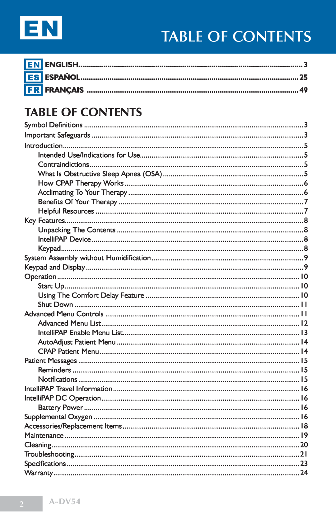 DeVillbiss Air Power Company manual table of contents, Table of Contents, A-DV54, En Es Fr, English, Español, Français 
