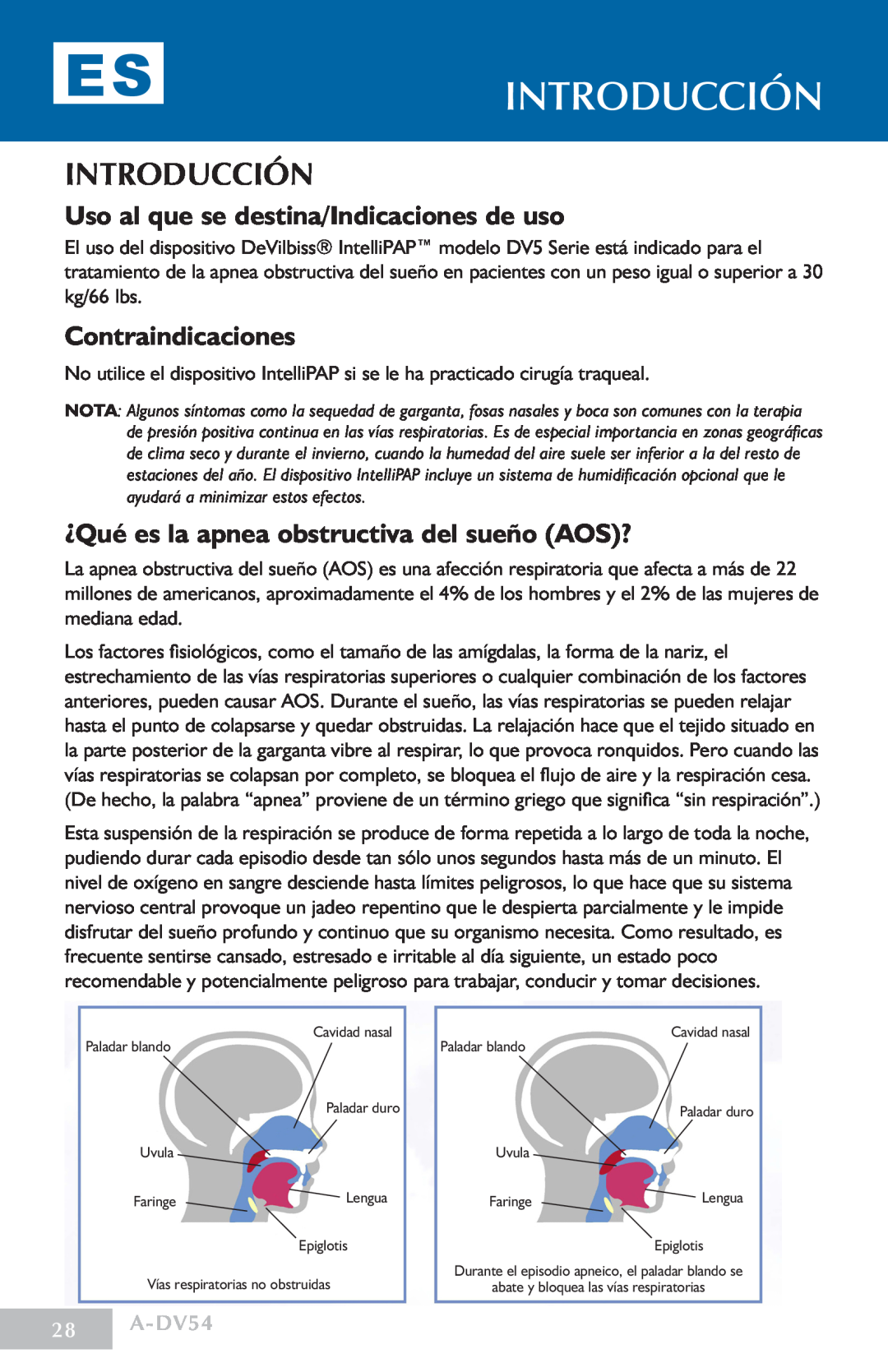 DeVillbiss Air Power Company manual Introducción, Uso al que se destina/Indicaciones de uso, Contraindicaciones, A-DV54 