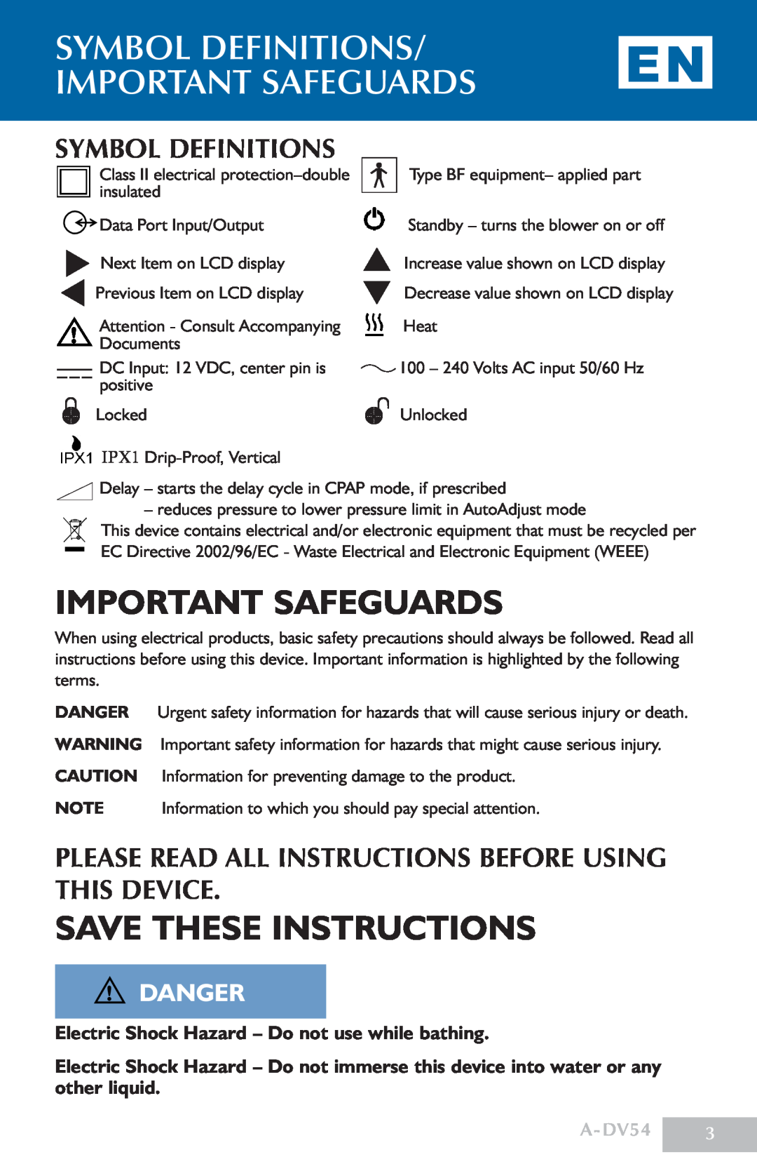 DeVillbiss Air Power Company DV54 symbol definitions/ important safeguards, Important Safeguards, save these instructions 