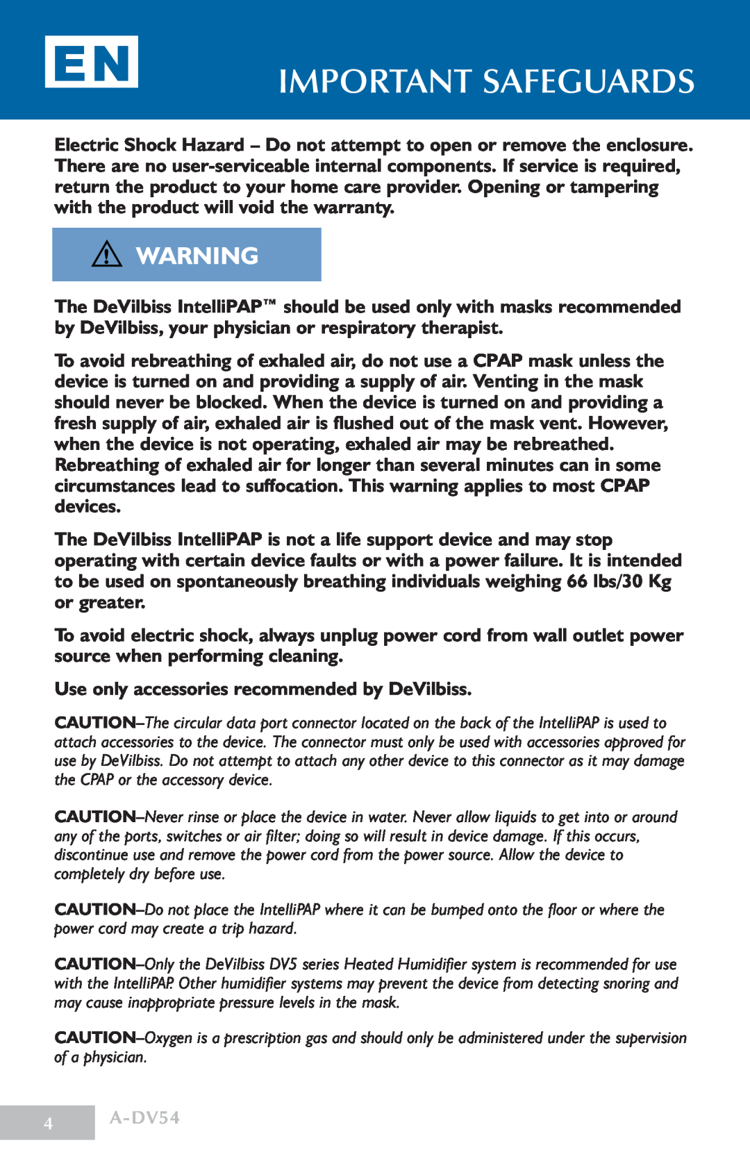 DeVillbiss Air Power Company manual important safeguards, A-DV54 