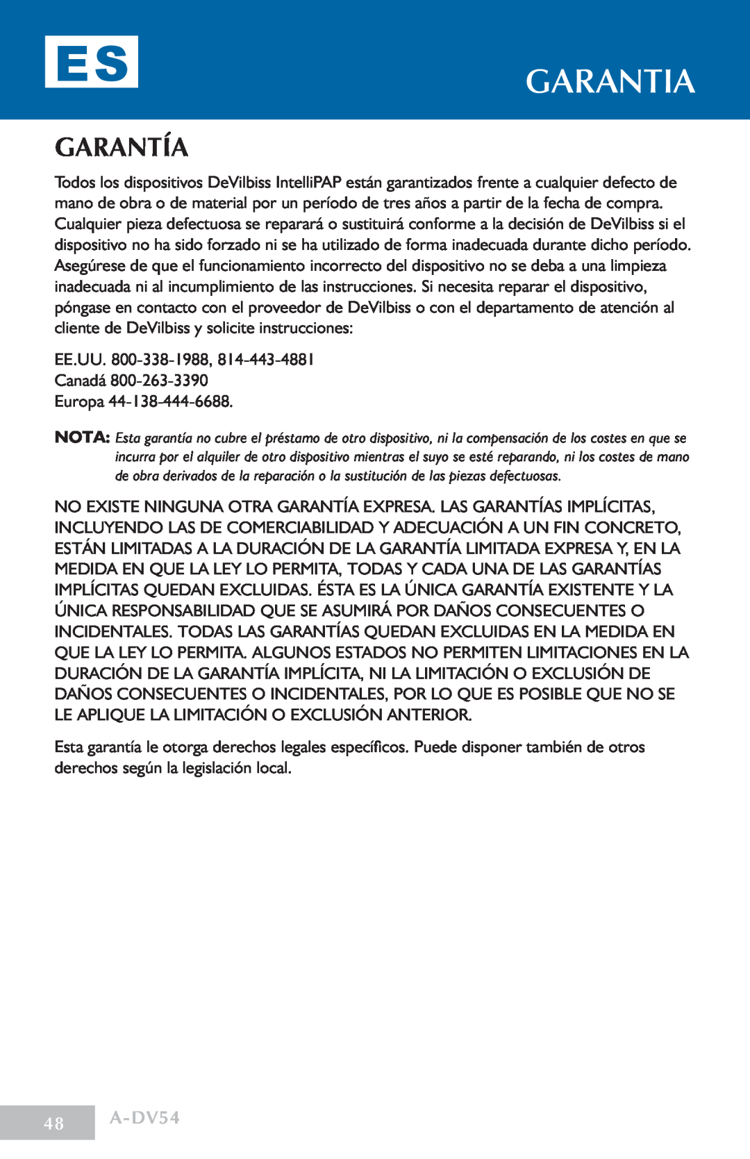 DeVillbiss Air Power Company manual garantia, Garantía, A-DV54 