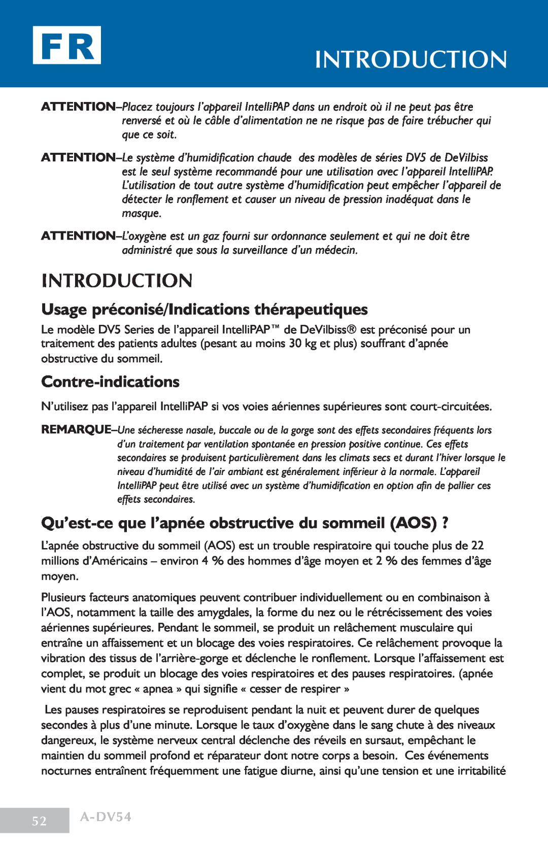 DeVillbiss Air Power Company manual Usage préconisé/Indications thérapeutiques, Contre-indications, A-DV54, introduction 
