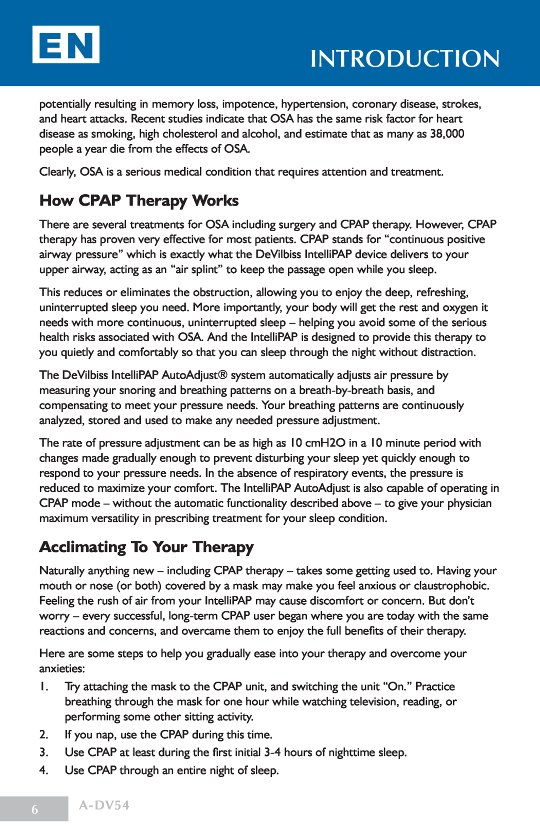 DeVillbiss Air Power Company manual How CPAP Therapy Works, Acclimating To Your Therapy, A-DV54, introduction 