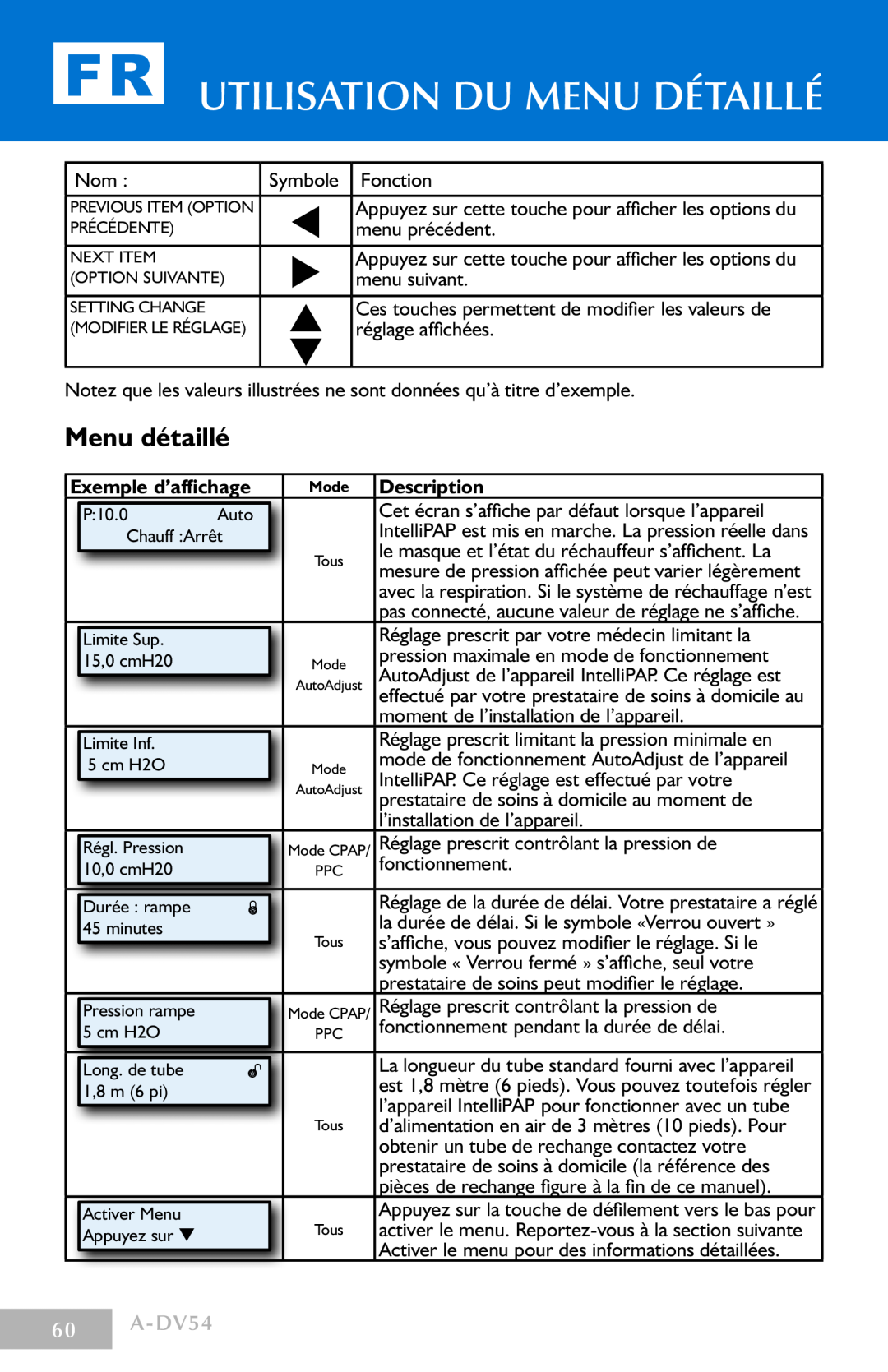 DeVillbiss Air Power Company Menu détaillé, A-DV54, Utilisation du menu détaillé, Exemple d’affichage, Description 