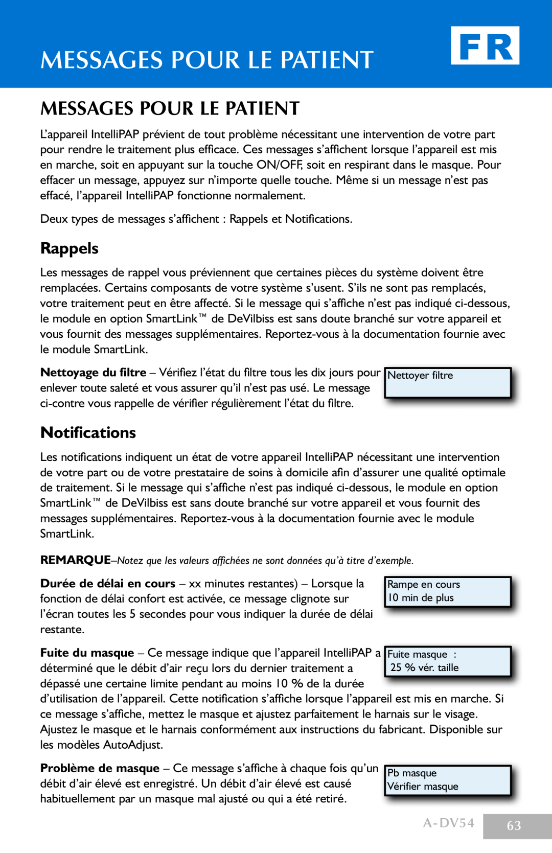 DeVillbiss Air Power Company manual Messages Pour Le Patient, Rappels, Notifications, A-DV54 