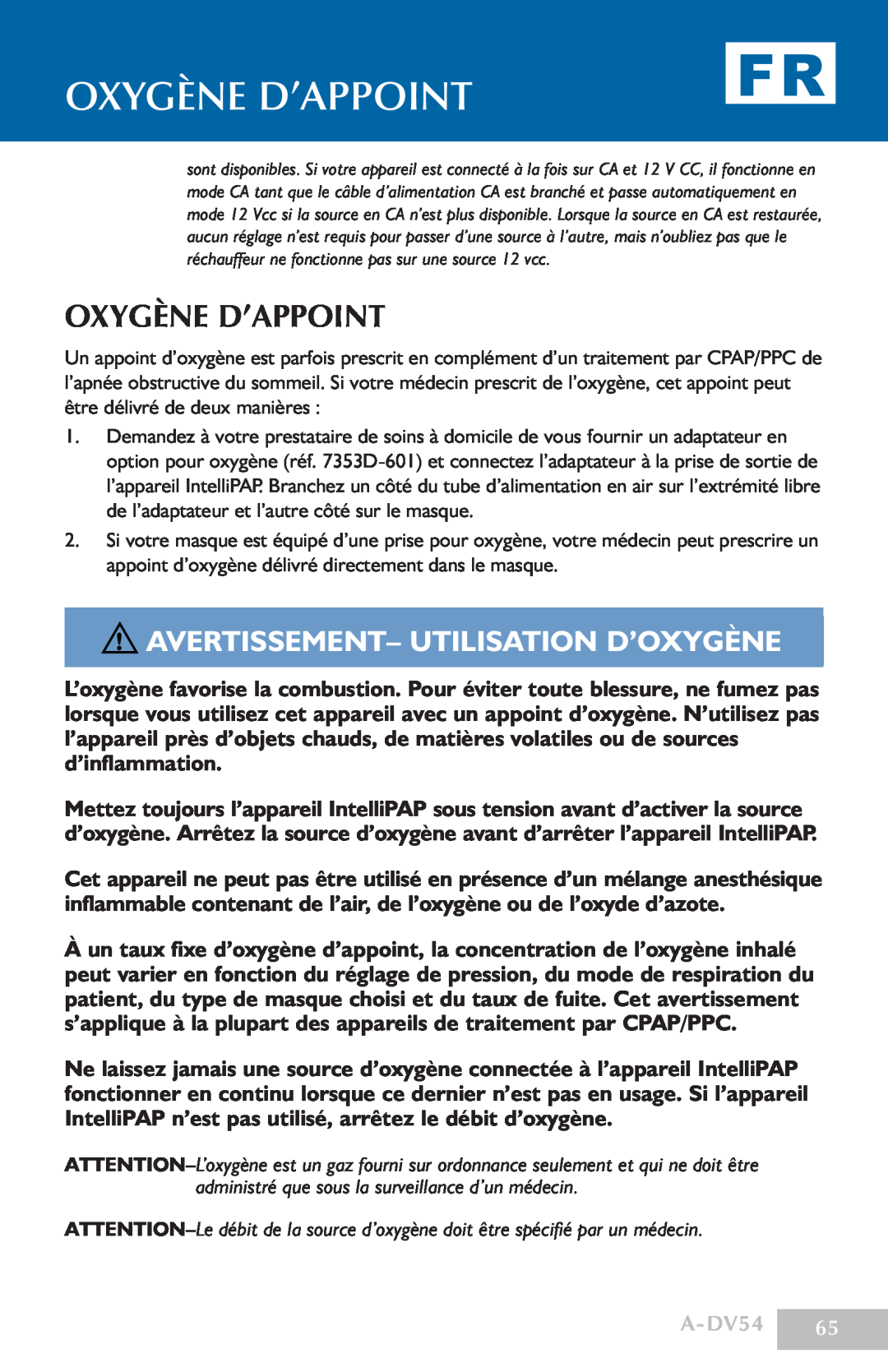 DeVillbiss Air Power Company manual Oxygène D’Appoint, avertissement- Utilisation d’oxygène, A-DV54 