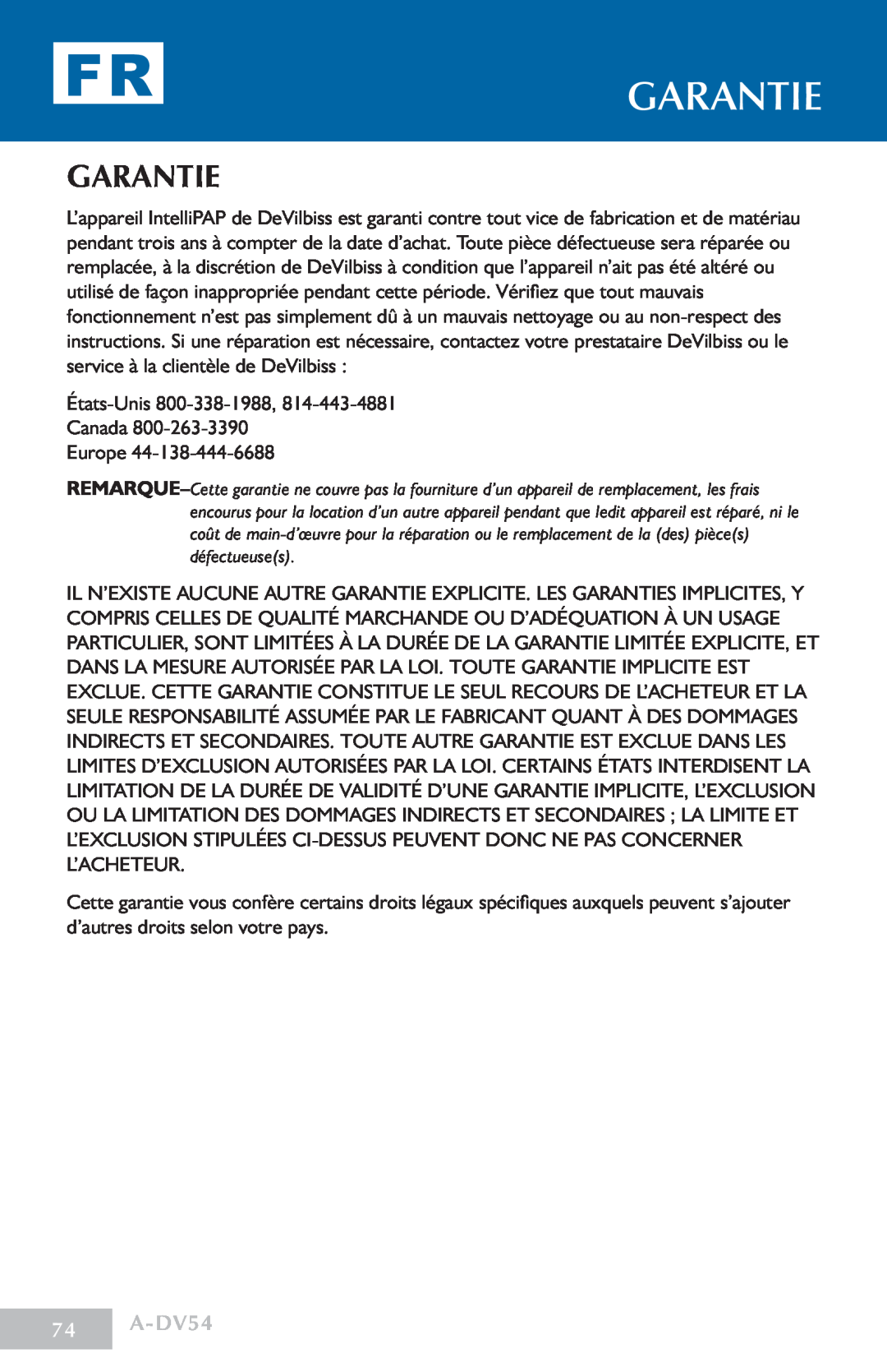 DeVillbiss Air Power Company manual garantie, Garantie, A-DV54 