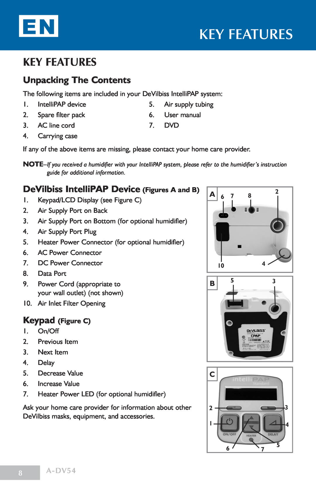 DeVillbiss Air Power Company DV54 manual Key Features, Unpacking The Contents, DeVilbiss IntelliPAP Device Figures A and B 
