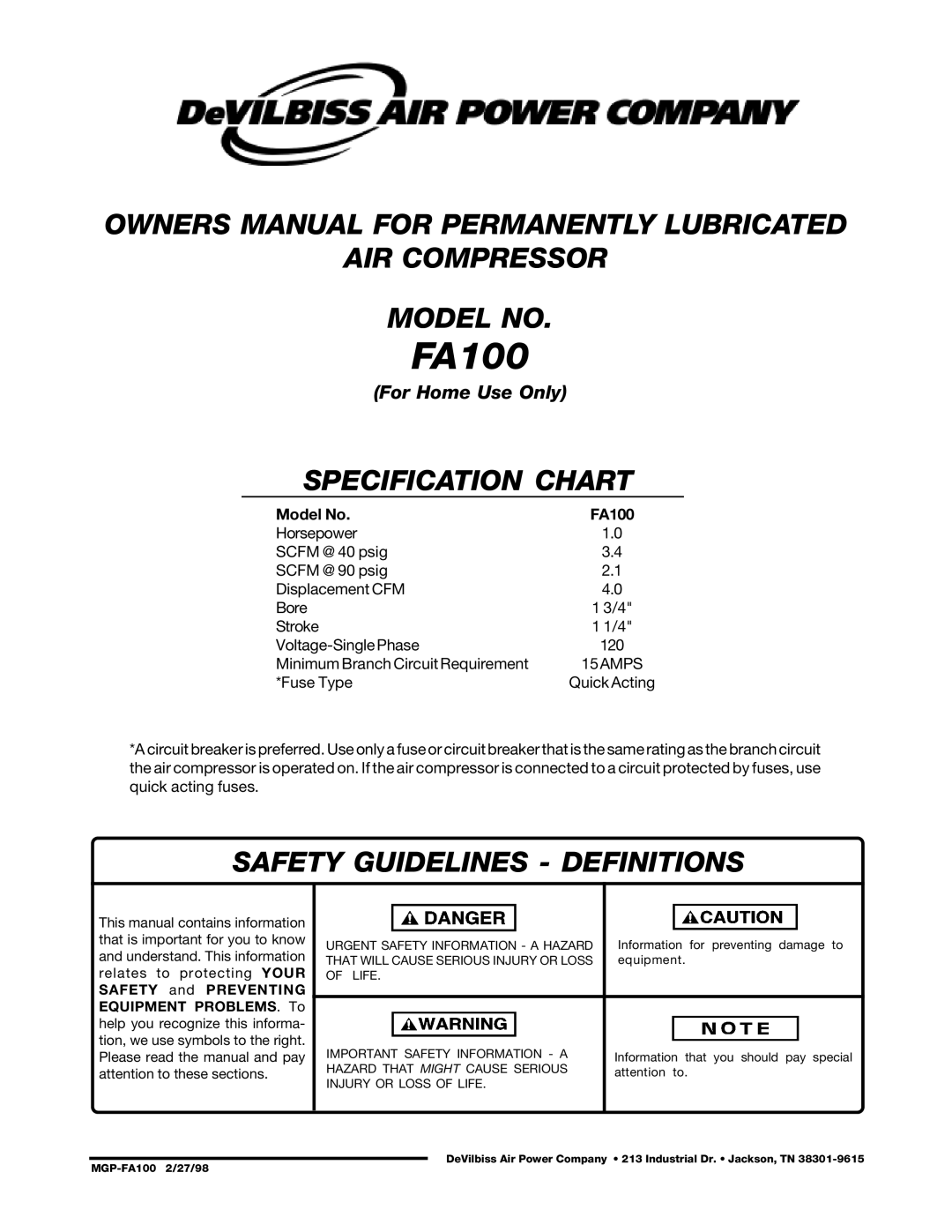 DeVillbiss Air Power Company FA100 owner manual AIR Compressor Model no, Specification Chart 