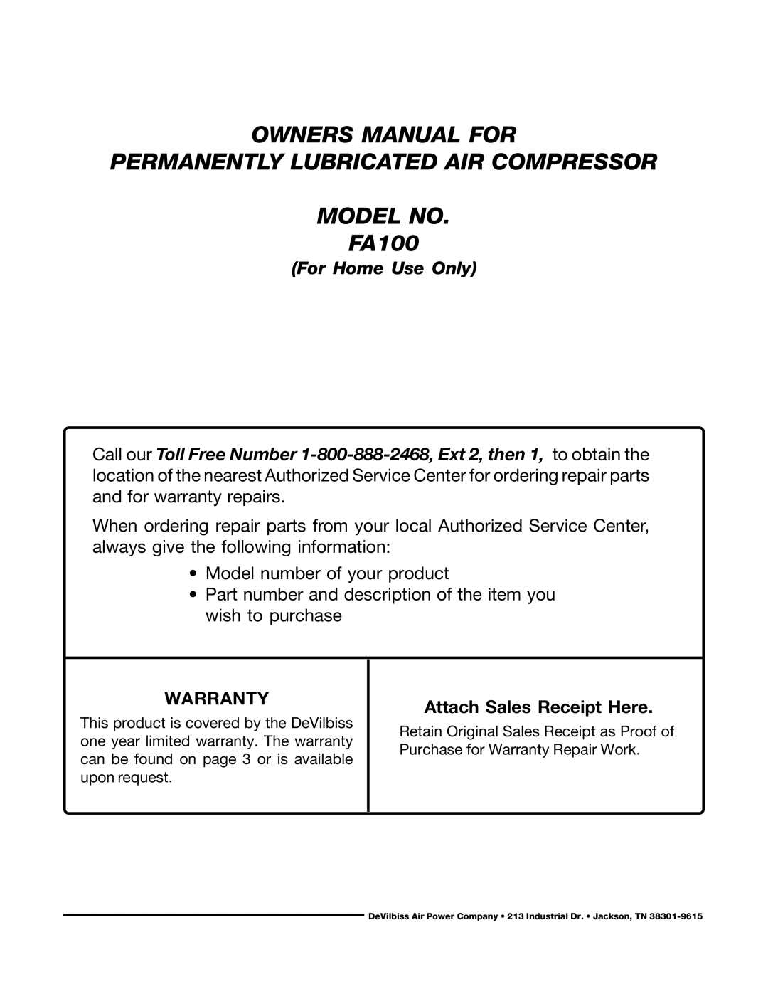 DeVillbiss Air Power Company FA100 owner manual Permanently Lubricated AIR Compressor Model no 