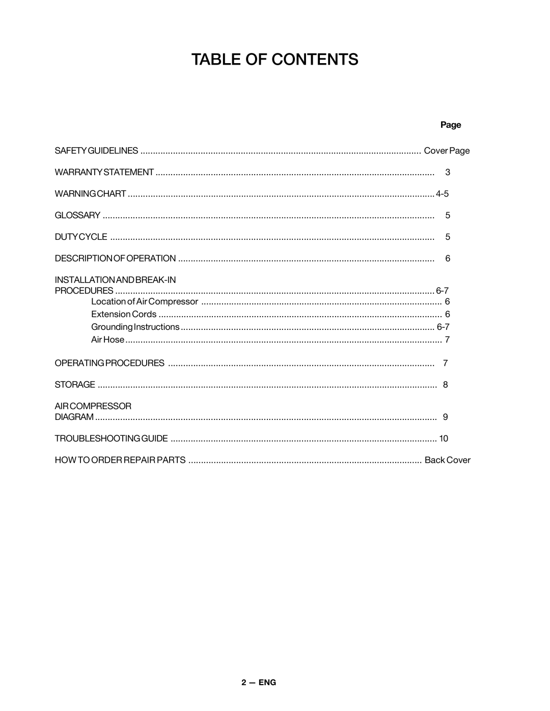 DeVillbiss Air Power Company FA100 owner manual Table of Contents 