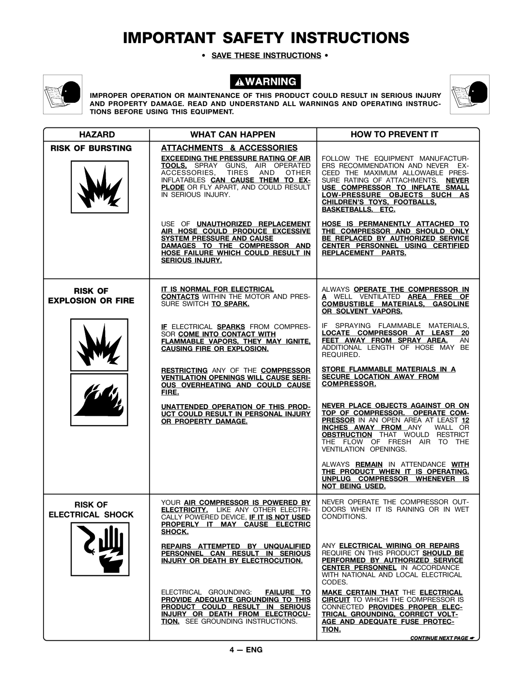 DeVillbiss Air Power Company FA100 owner manual Risk, Explosion or Fire, Electrical Shock 