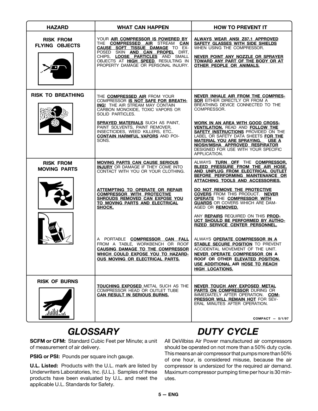 DeVillbiss Air Power Company FA100 owner manual Glossary, Duty Cycle 